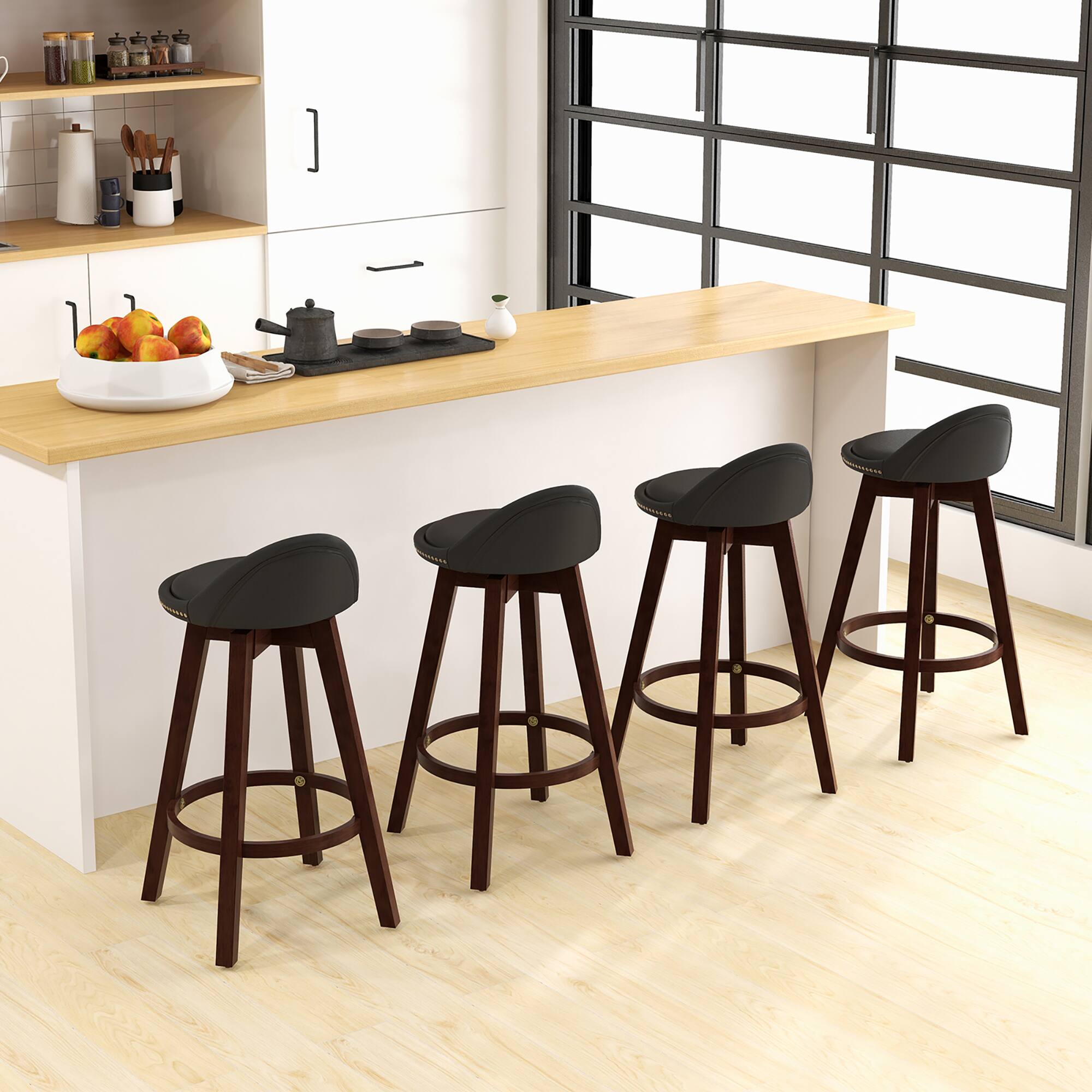 Alt View 2. Gymax - Gymax Set of 4 Swivel Bar Stools 29'' Bar Height Stools w/ PVC Leather Cover Black - Black & Brown.