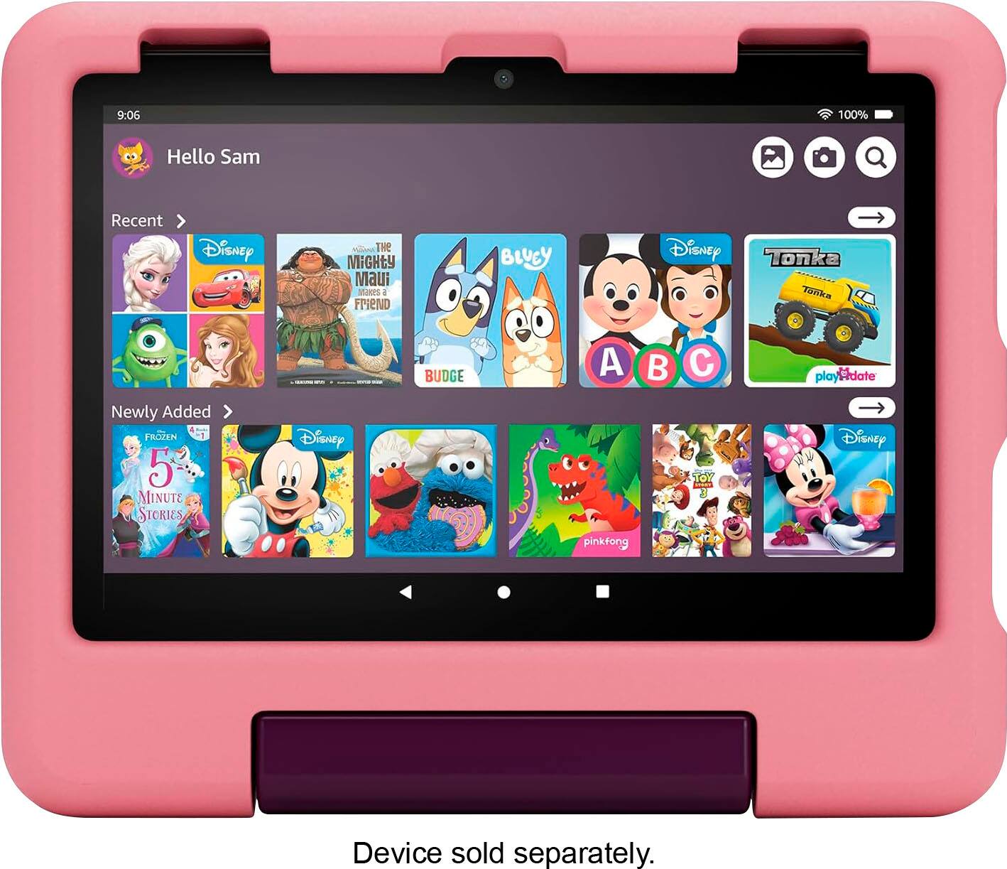 The text on the image reads: "Hello Sam. Recent Disney. Newly Added - Frozen - 1 5 Minute Stories. Disney. Pinkfong. Joy. Device sold separately."