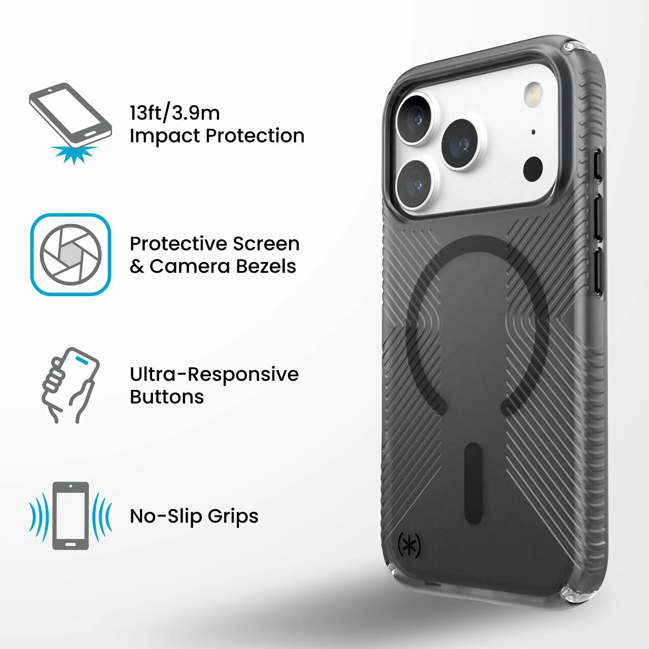 13ft/3.9m Impact Protection  
Protective Screen & Camera Bezels  
Ultra-Responsive Buttons  
No-Slip Grips