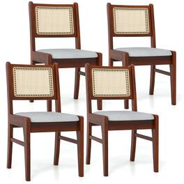 Gymax - 4PCS Rattan Dining Chairs Upholstered Kitchen Chairs w/ Rubber Wood Frame - Brown, Natural
