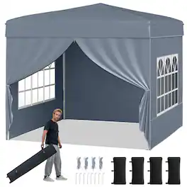 Gymax - 10 X 10 FT Pop up Canopy Tent w/ 4 Sidewalls Wheeled Bag 4 Sandbags 8 Stakes - Gray