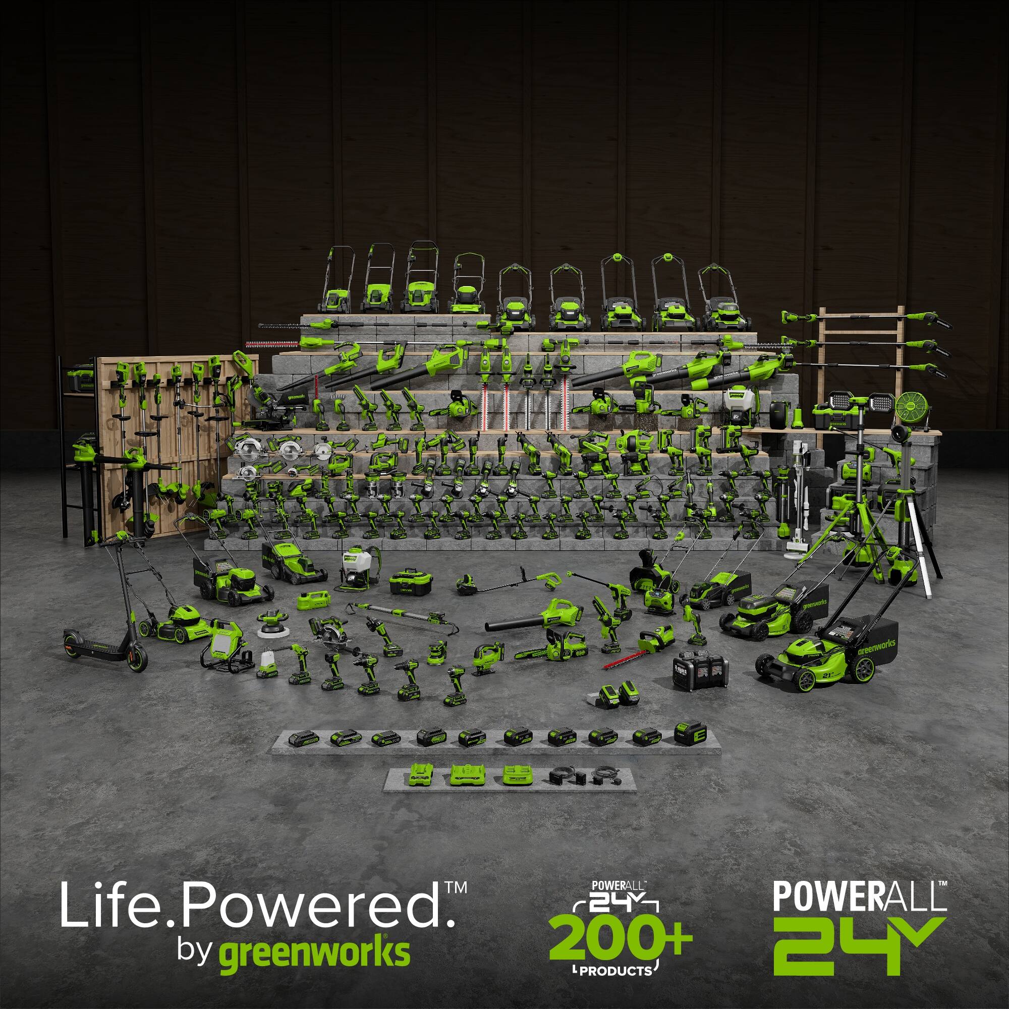 Life. Powered.  
by greenworks  

POWERALL  
24  

200+  
L PRODUCTS