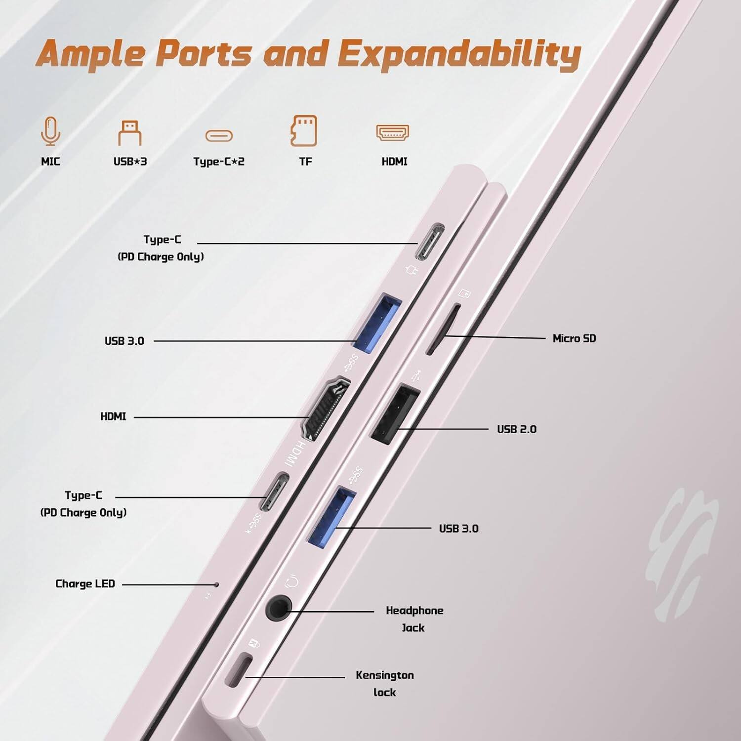 Ample Ports and Expandability

- MIC
- USB*3
- Type-C*2
- TF
- HDMI

- Type-C (PD Charge Only)
- USB 3.0
- HDMI
- Type-C (PD Charge Only)
- Micro SD
- USB 2.0
- USB 3.0
- Charge LED
- Headphone Jack
- Kensington lock