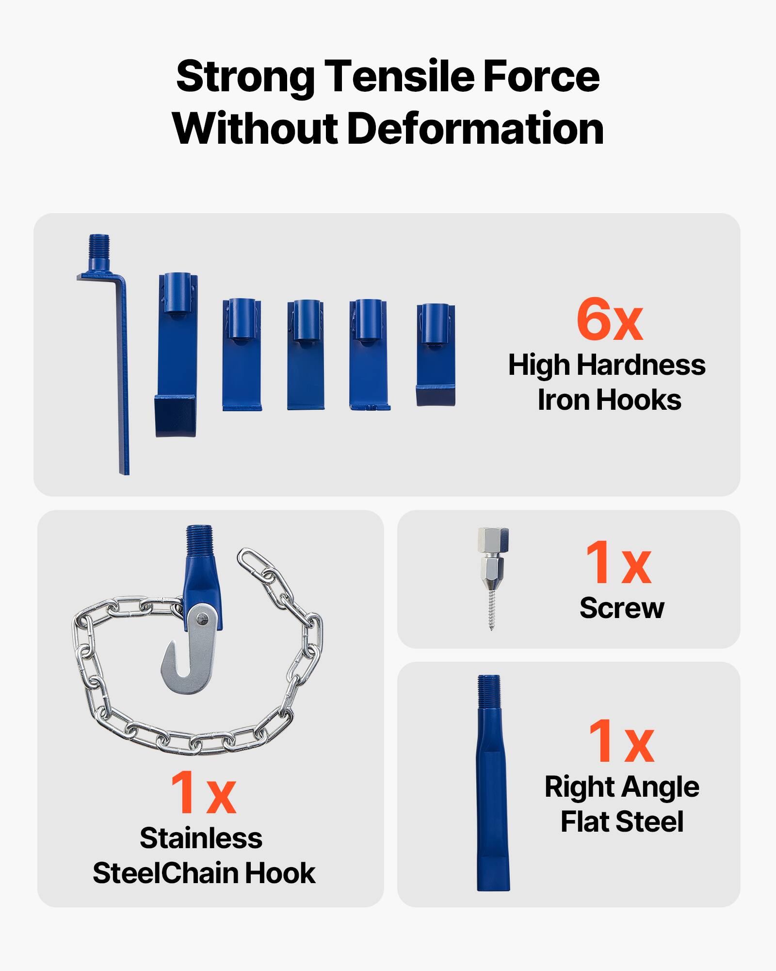 Strong Tensile Force Without Deformation

6x High Hardness Iron Hooks

1x Screw

1x Stainless Steel Chain Hook

1x Right Angle Flat Steel