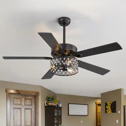 Front. Breezary - 52 Inch Ceiling Fan with Light, Crystal Drum Shade, 5 Dual-Finish Blades, Remote, 5&10 Inch Downrods - matte black and walnut.