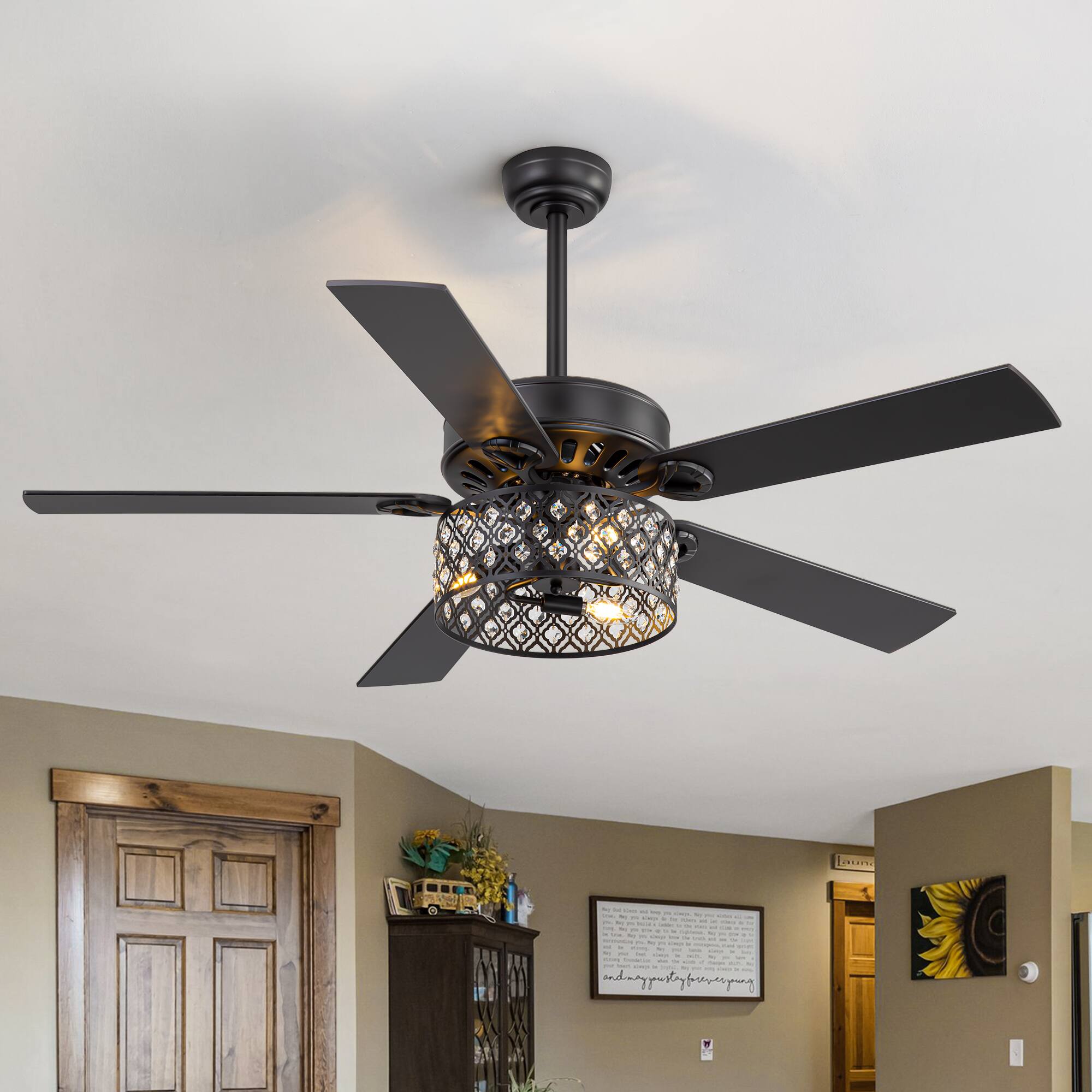 Breezary - 52 Inch Ceiling Fan with Light, Crystal Drum Shade, 5 Dual-Finish Blades, Remote, 5&10 Inch Downrods - matte black and walnut