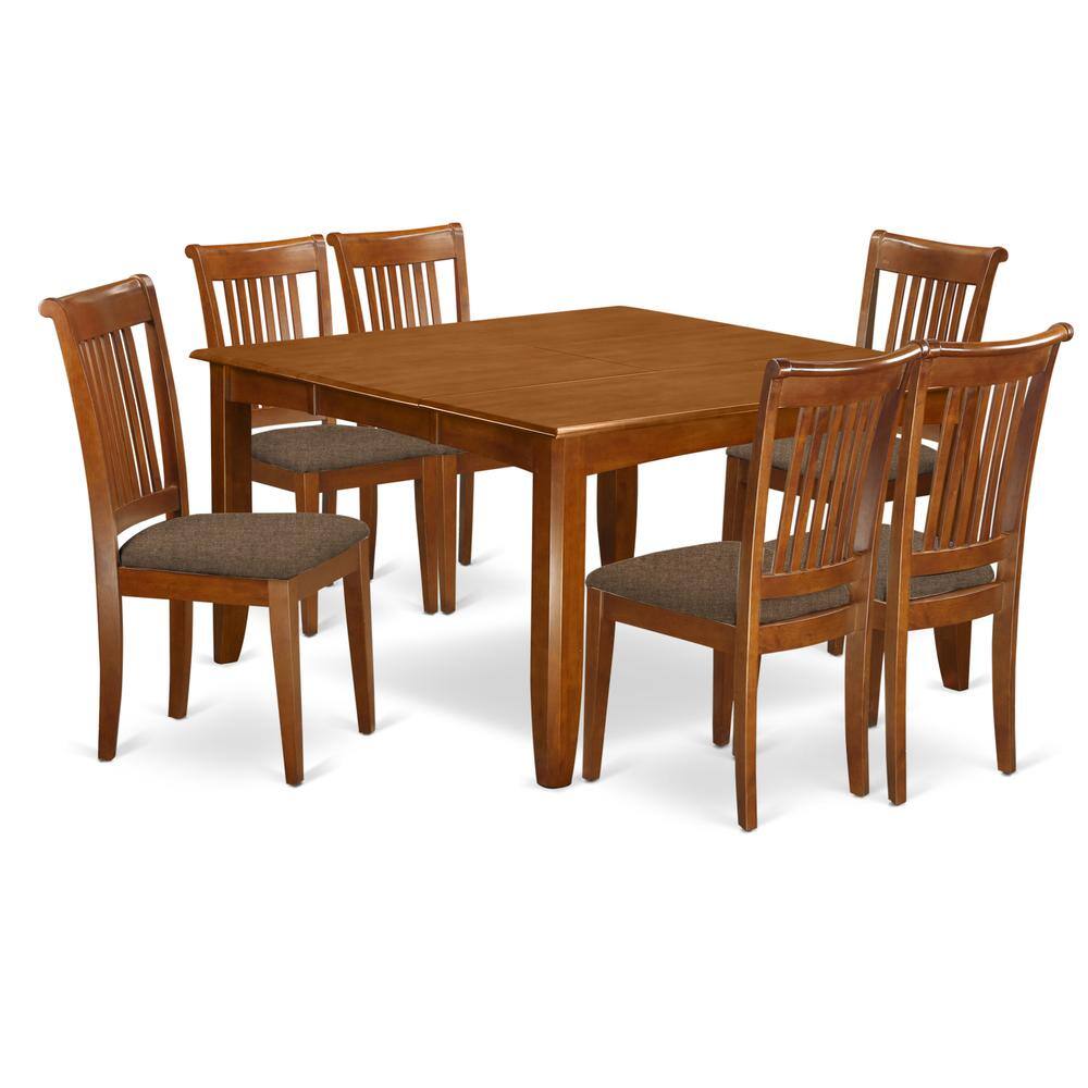 Back. East West Furniture - PFPO7-SBR-C 7 Pc Dining set-Square Dining Table with Leaf and 6 Dining Chairs - Saddle Brown.