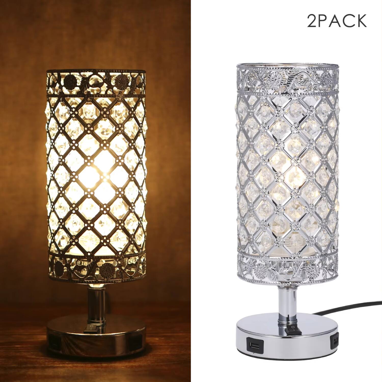 Left. Luckbyte - Modern Crystal Bedside Lamp With Dual USB Charging Port Nightstand Light For Bedroom Living Room - Clear.