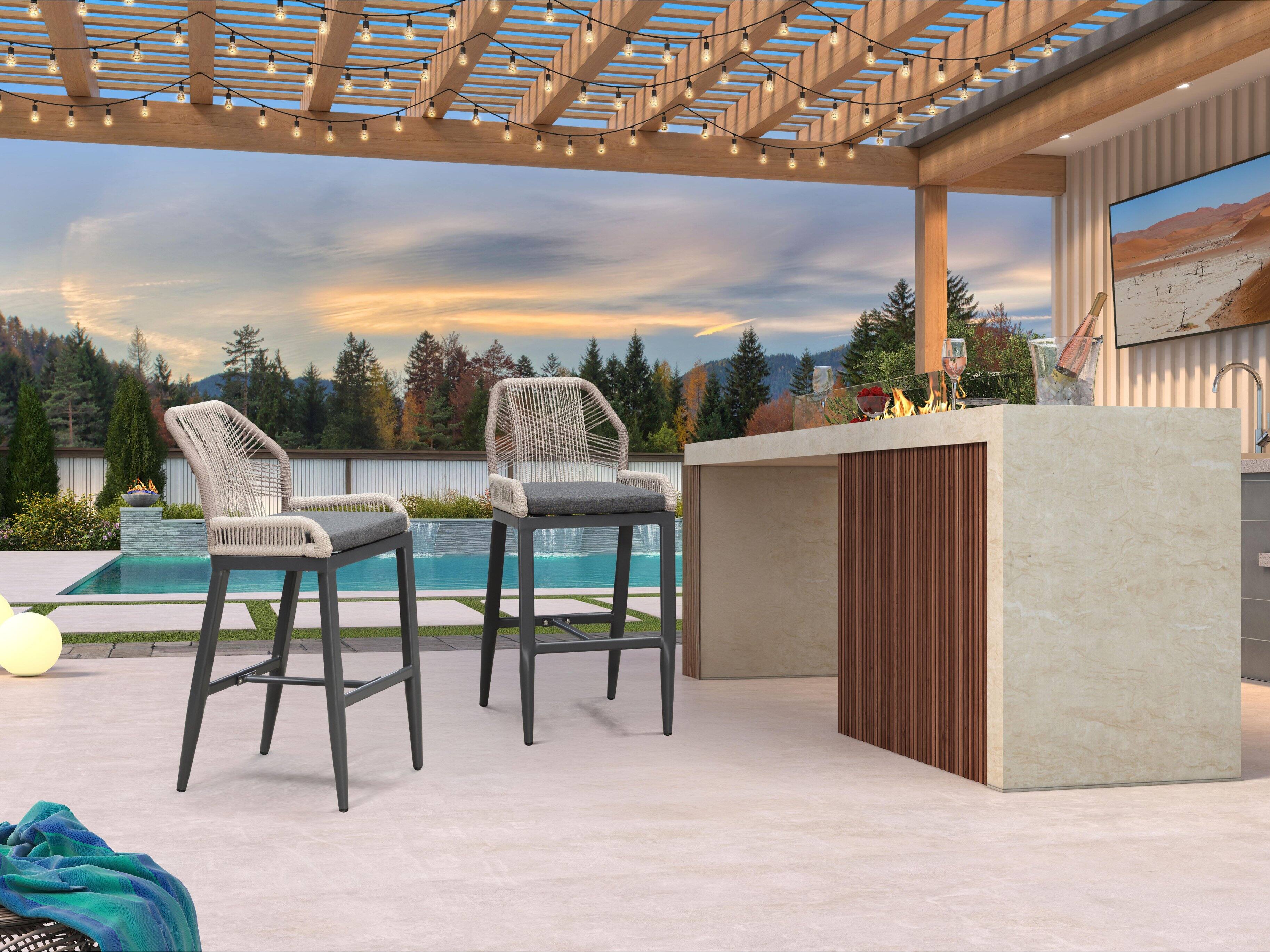 Alt View 1. PURPLE LEAF - Patio Outdoor Bar Stool Bar/Counter Height Set of 2 Rattan Chair with Back Modern Aluminum Woven Barstools for Garden - Grey-Bar Stool.