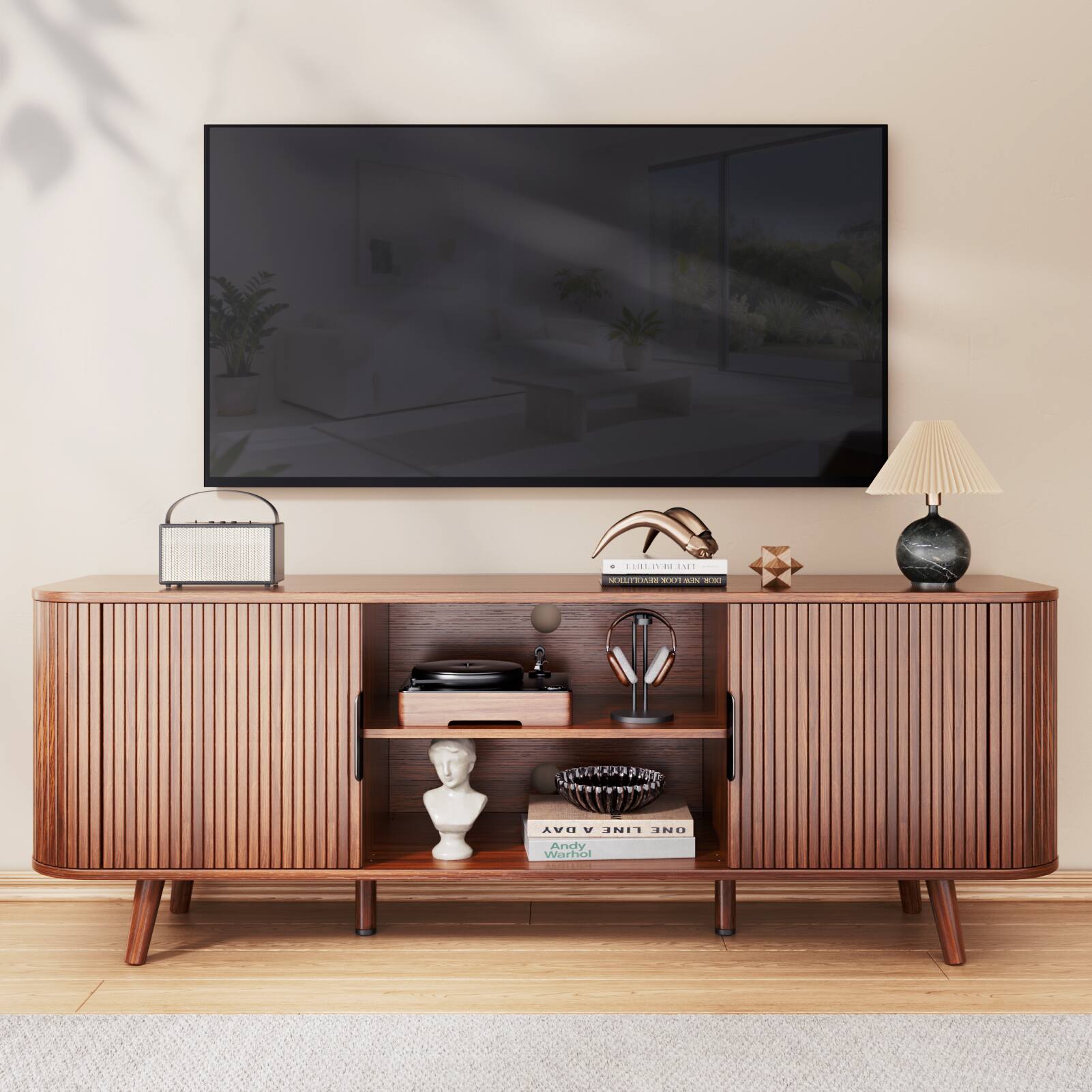Furnulem - TV Cabinet Stands for TVs up Entertainment Center with Storage Shelf Media Console Table with Drawers for Living Room - Brown
