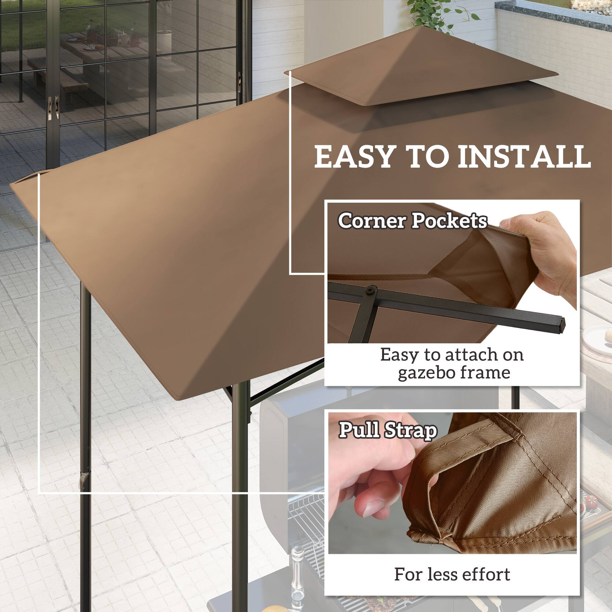 EASY TO INSTALL

Corner Pockets  
Easy to attach on gazebo frame

Pull Strap  
For less effort