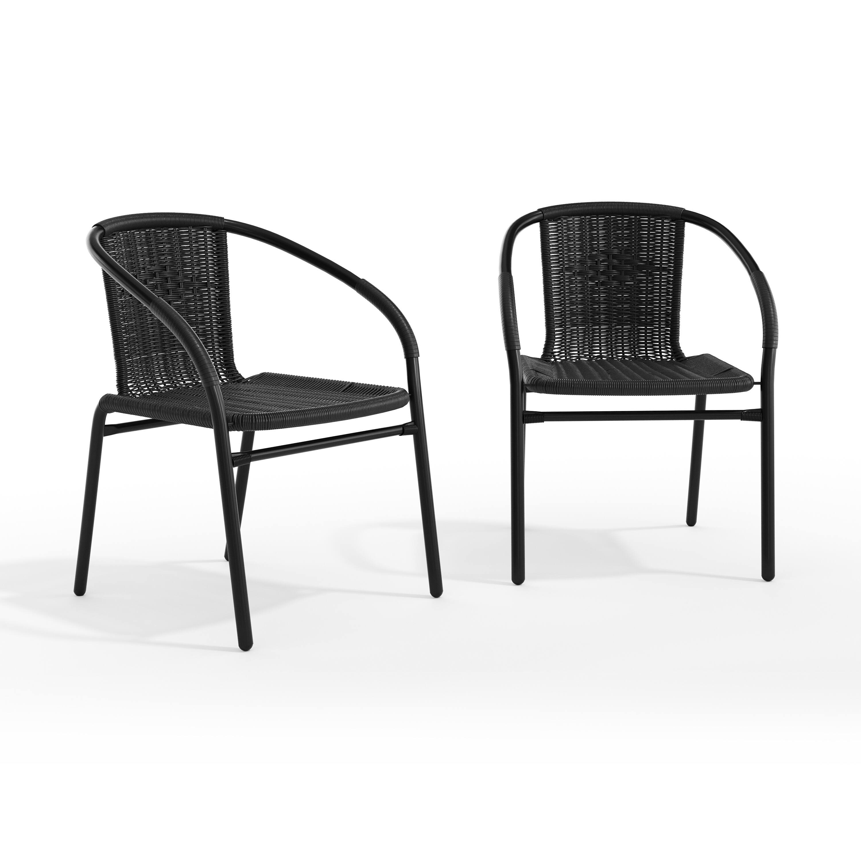 Front. Emma + Oliver - 2 Pack Rattan Indoor-Outdoor Restaurant Stack Chair with Curved Back - Black.