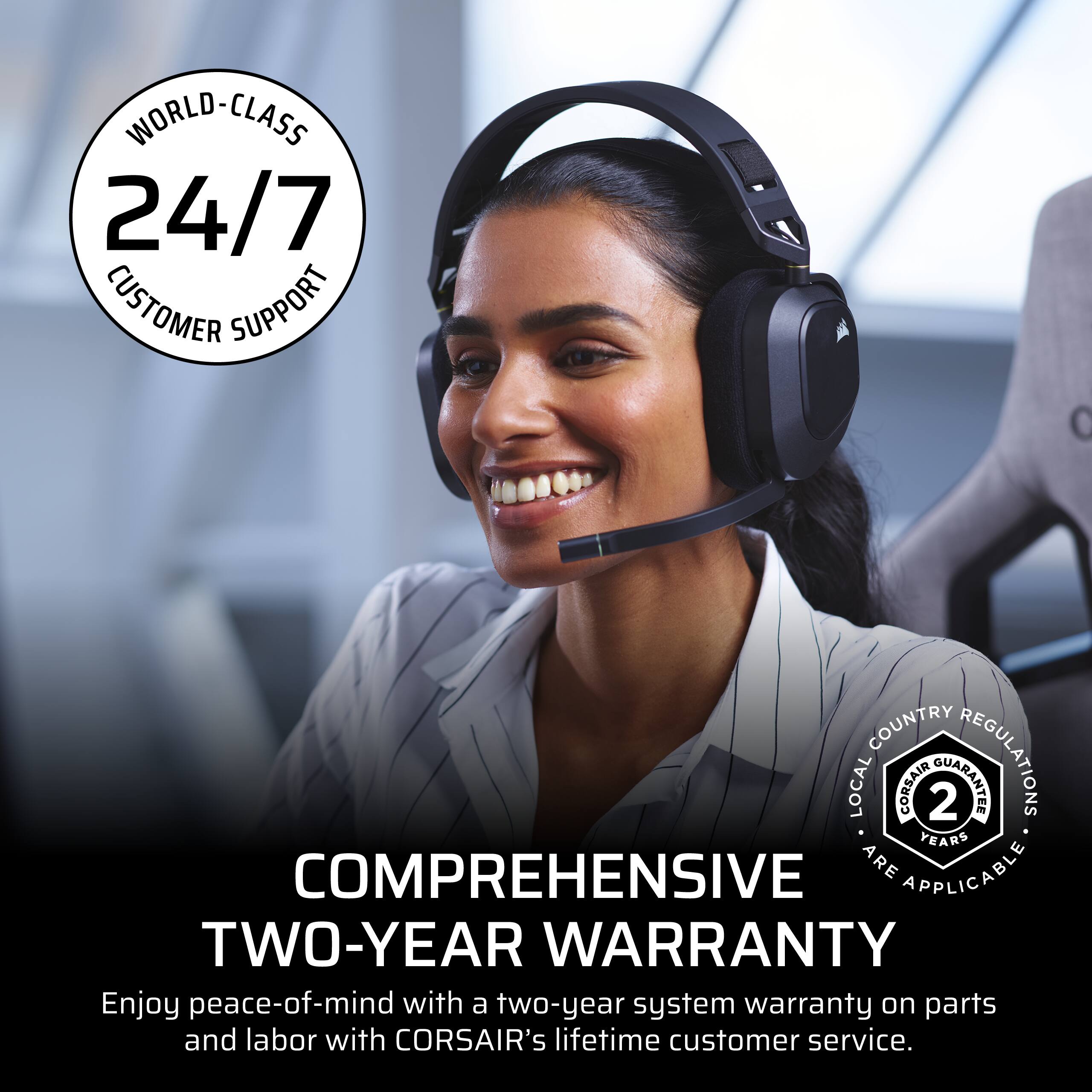 The image features a smiling woman wearing a headset and a white shirt. She is promoting a two-year warranty on Corsair products, which includes a comprehensive warranty on parts and labor. The warranty is applicable to all Corsair products and comes with a lifetime customer service. The woman is likely a customer support representative, ready to assist customers with any questions or concerns they may have about the products.