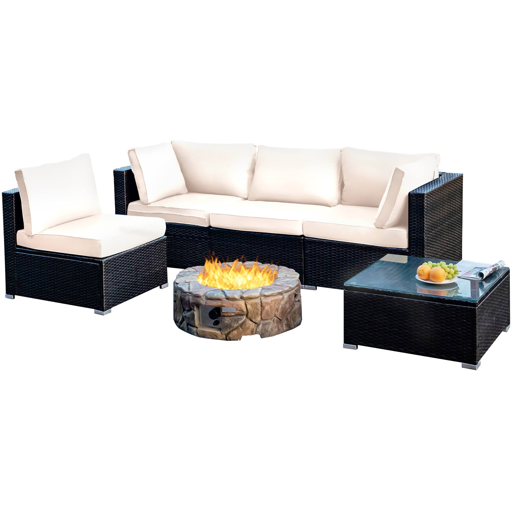 Left. Costway - 5PCS Patio Rattan Furniture Set Cushioned Sofa Chair Coffee Table - White.