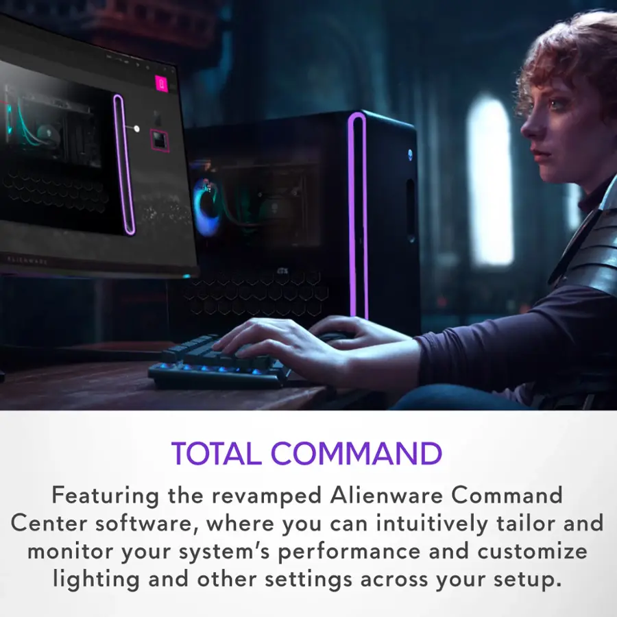 A TOTAL COMMAND Featuring the revamped Alienware Command Center software, where you can intuitively tailor and monitor your system's performance and customize lighting and other settings across your setup.