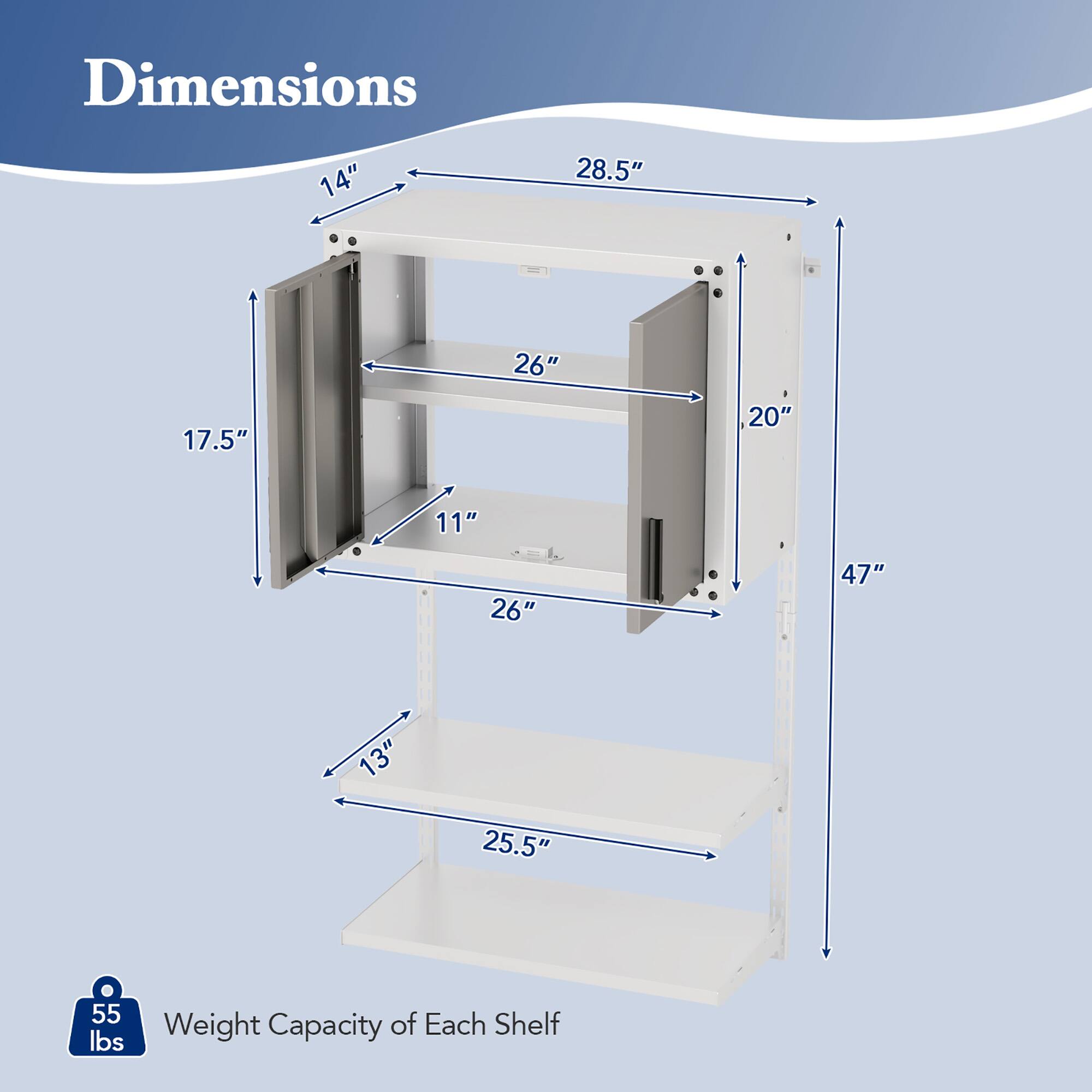 Dimensions:  
- Width: 28.5"  
- Depth: 14"  
- Height: 47"  
- Shelf 1: 26" (width) x 11" (depth)  
- Shelf 2: 26" (width) x 13" (depth)  
- Shelf 3: 26" (width) x 17.5" (depth)  

Weight Capacity of Each Shelf: 55 lbs