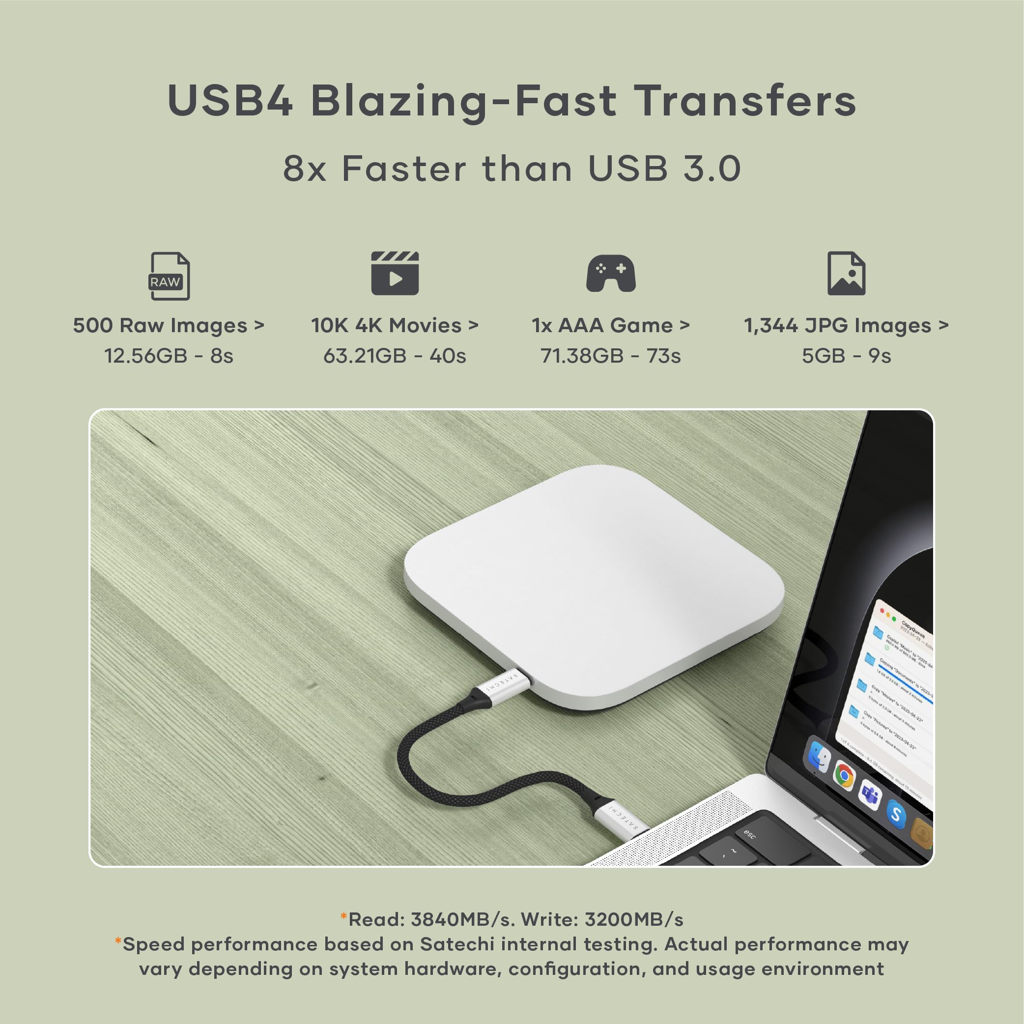 USB4 Blazing-Fast Transfers  
8x Faster than USB 3.0  

- 500 Raw Images > 12.56GB - 8s  
- 10K 4K Movies > 63.21GB - 40s  
- 1x AAA Game > 71.38GB - 73s  
- 1,344 JPG Images > 5GB - 9s  

*Read: 3840MB/s  
*Write: 3200MB/s  

*Speed performance based on Satechi internal testing. Actual performance may vary depending on system hardware, configuration, and usage environment.