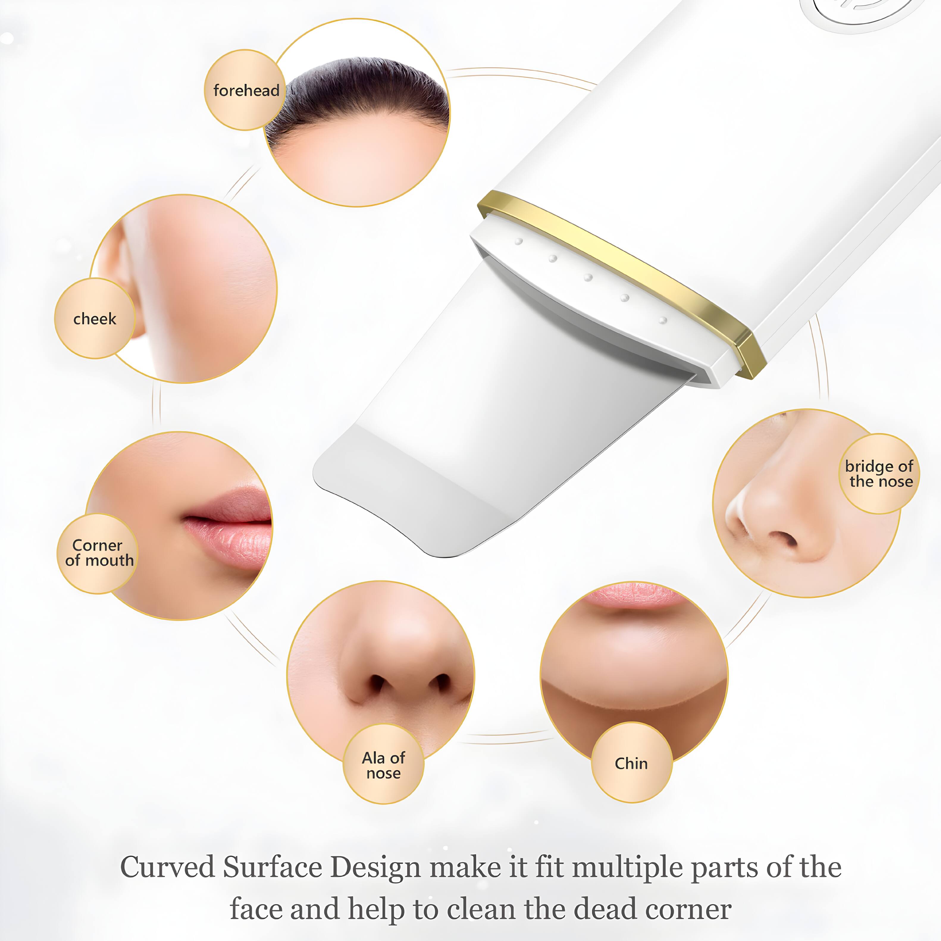 forehead  
cheek  
bridge of the nose  
Corner of mouth  
Ala of nose  
Chin  

Curved Surface Design make it fit multiple parts of the face and help to clean the dead corner