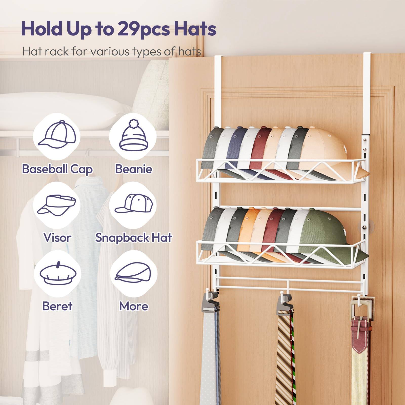 Hold Up to 29pcs Hats  
Hat rack for various types of hats

- Baseball Cap
- Beanie
- Visor
- Snapback Hat
- Beret
- More