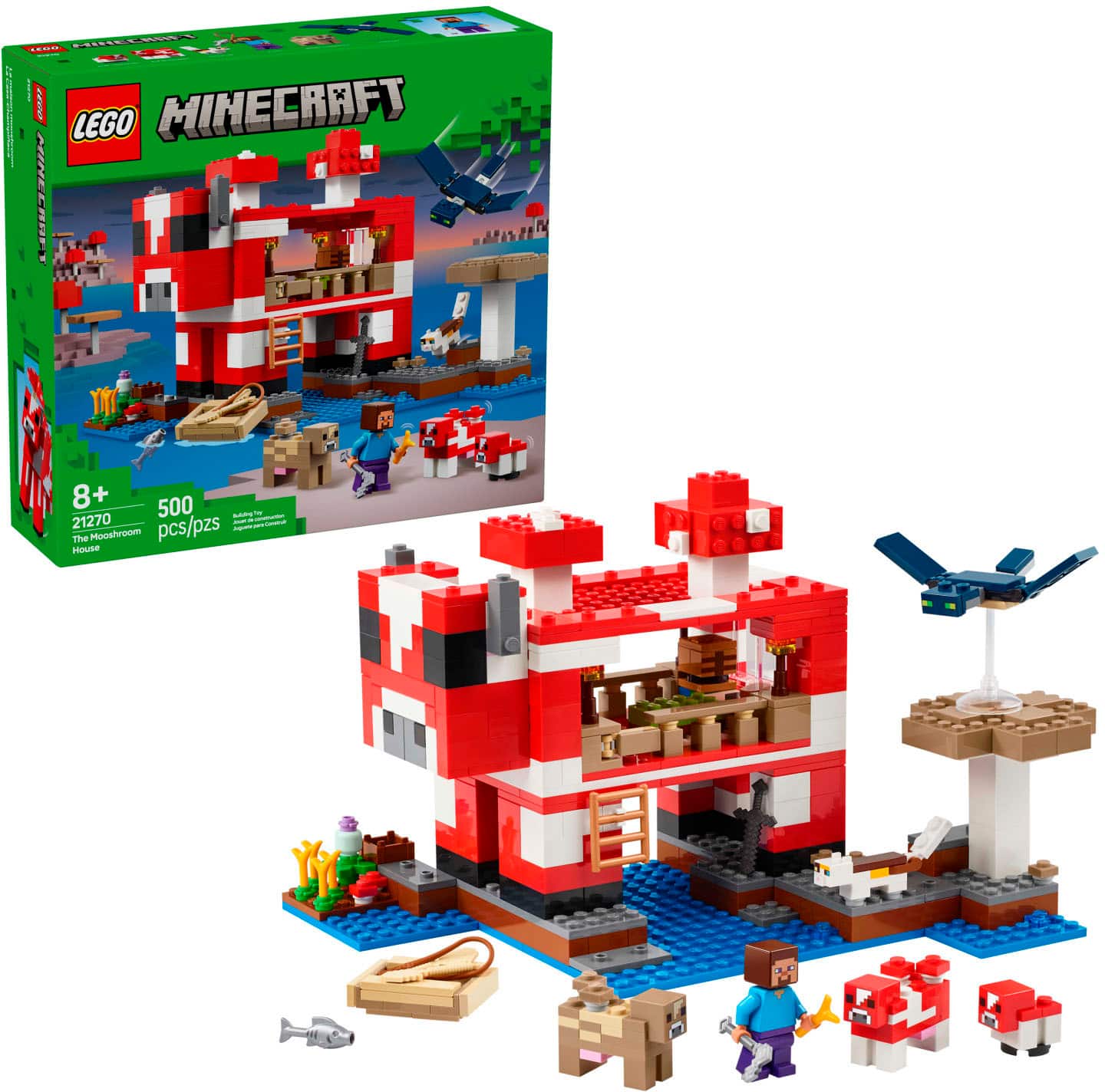 The Minecraft Lego set is designed for ages 8+ and contains 500 pieces. The set includes a Mooshroom house, which is a part of the Minecraft world.