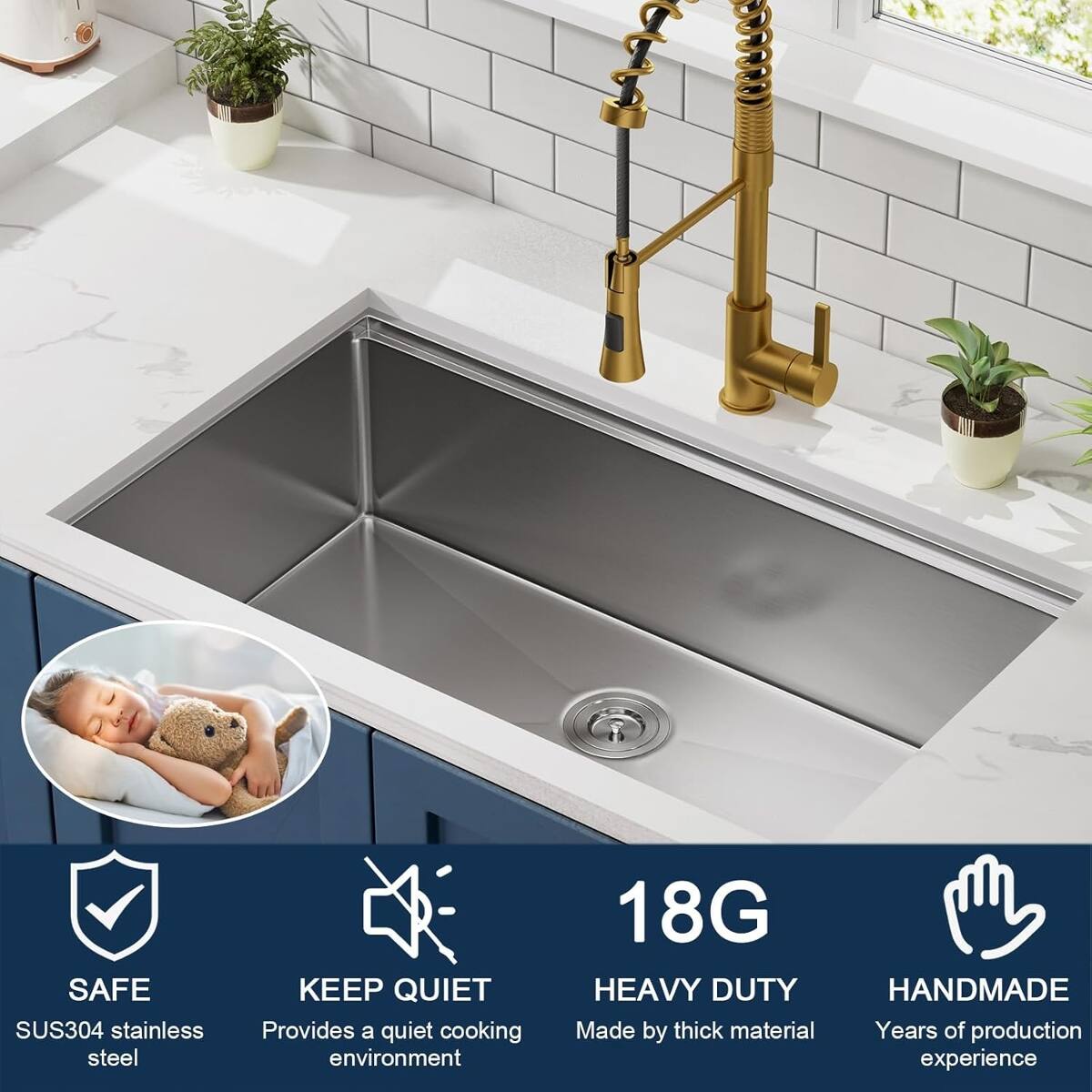 SAFE SUS304 stainless steel  
KEEP QUIET Provides a quiet cooking environment  
18G HEAVY DUTY HANDMADE Made by thick material Years of production experience