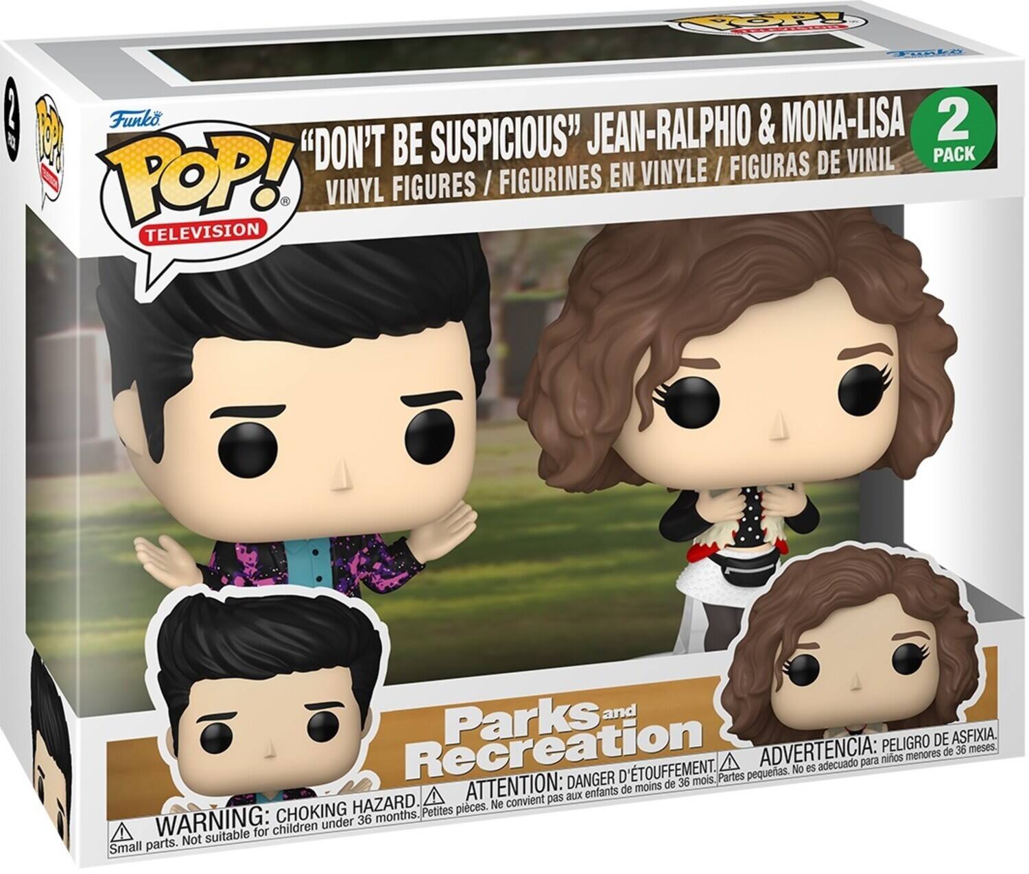 **Funko Pop! Television**

"Don't Be Suspicious" Jean-Ralphio & Mona-Lisa

Vinyl Figures / Figurines en Vinyle / Figuras de Vinil

Parks and Recreation

2 Pack

Warning: Choking Hazard - Small parts. Not suitable for children under 36 months.

Advertencia: Peligro de Asfixia - Piezas pequeñas. No es adecuado para niños menores de 36 meses.

Attention: Danger d'Étouffement - Petites pièces. Ne convient pas aux enfants de moins de 36 mois.