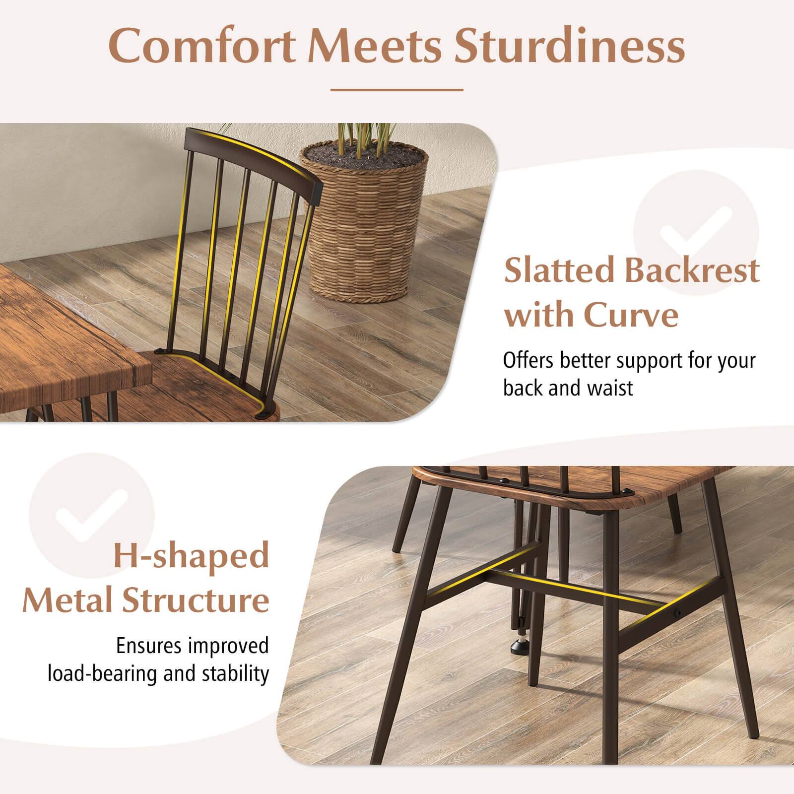 The text on the image is grouped and corrected as follows:

Comfort Meets Sturdiness:

* Slatted Backrest with Curve: Offers better support for your back and waist.
* H-shaped Metal Structure: Ensures improved load-bearing and stability.