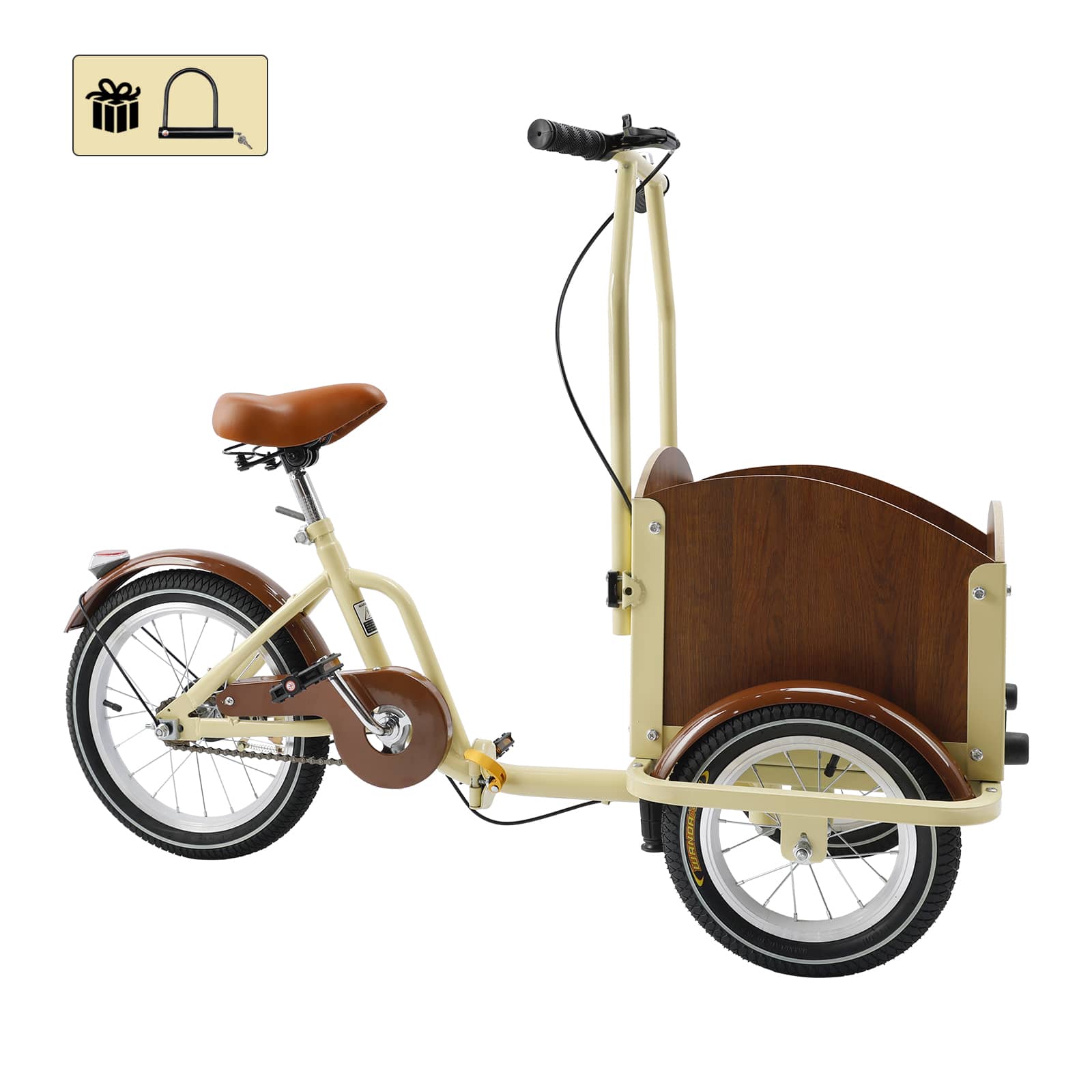 Topteng - Kid Tricycle Three wheel bike Trike for Child, Boy, Girl, 16 Inch Wheels with Front Wood Cargo Rack for Small Pet, Beige - Cream