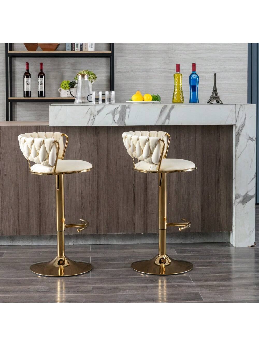 Angle. Trinkets Crazed - Gold Bar Stools Set Of 2, 360° Swivel Bar Stools Counter Height Bar Stools, Velvet Adjustable Height Barstools - Beige.