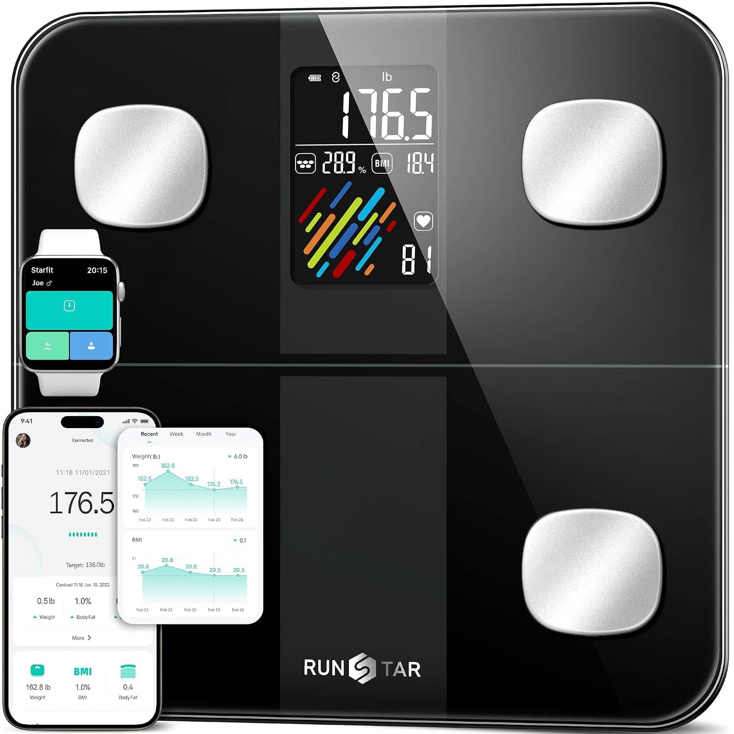 RunStar - Smart Scale for Body Weight, High Accuracy Digital Bathroom Scale with Large Display for BMI Muscle Mass Heart Rate - Black