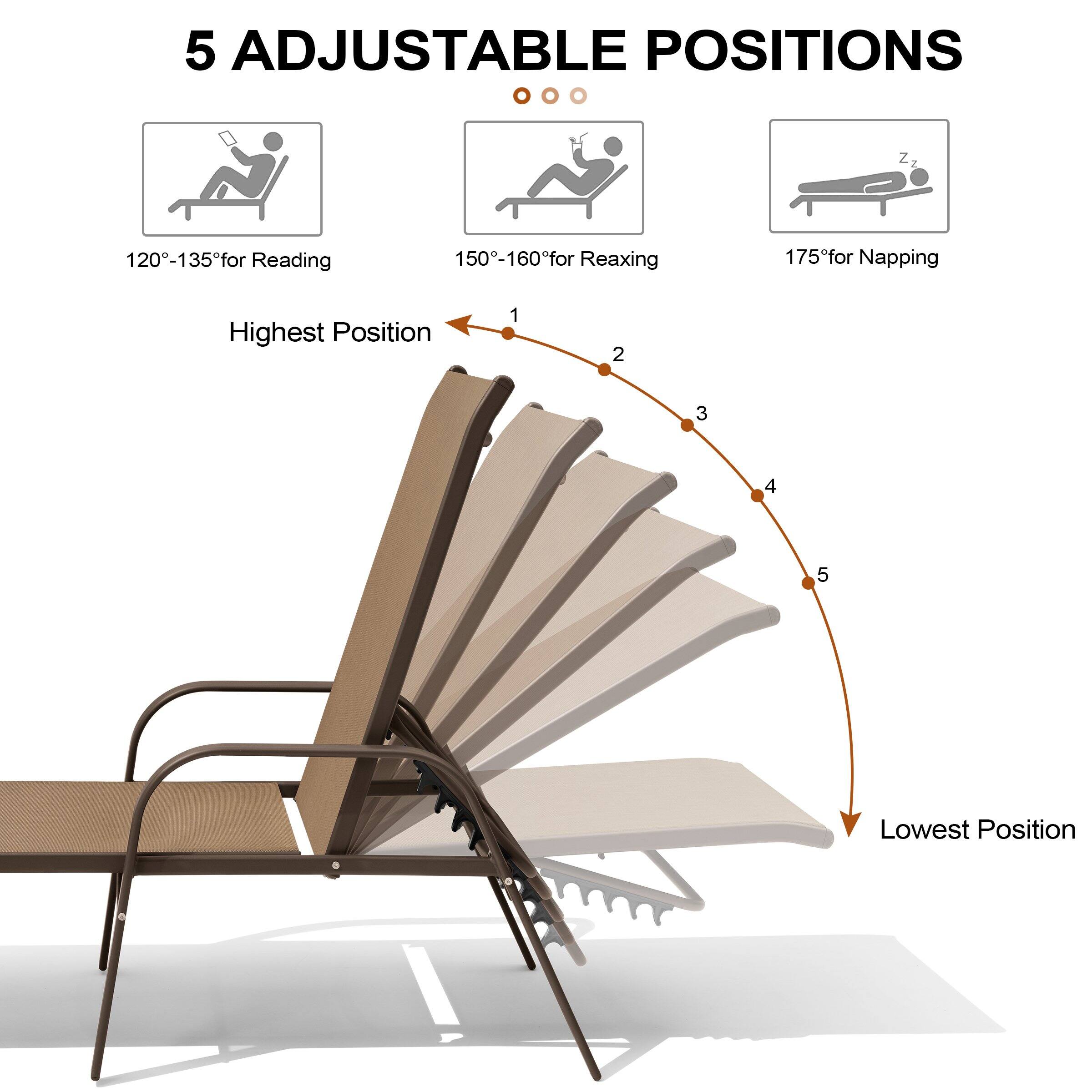 5 Adjustable Positions

120°-135° for Reading  
150°-160° for Relaxing  
175° for Napping  

Highest Position  
1 2 3 4 5  
Lowest Position