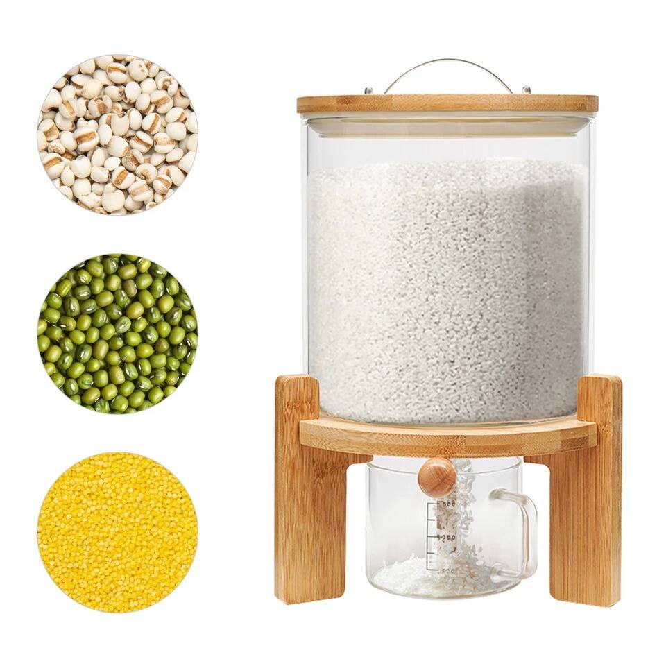 Alt View 2. Home Collection - 5L Glass Rice and Grain Dispenser with Bamboo Stand and Valve - Clear (glass), Natural (bamboo).