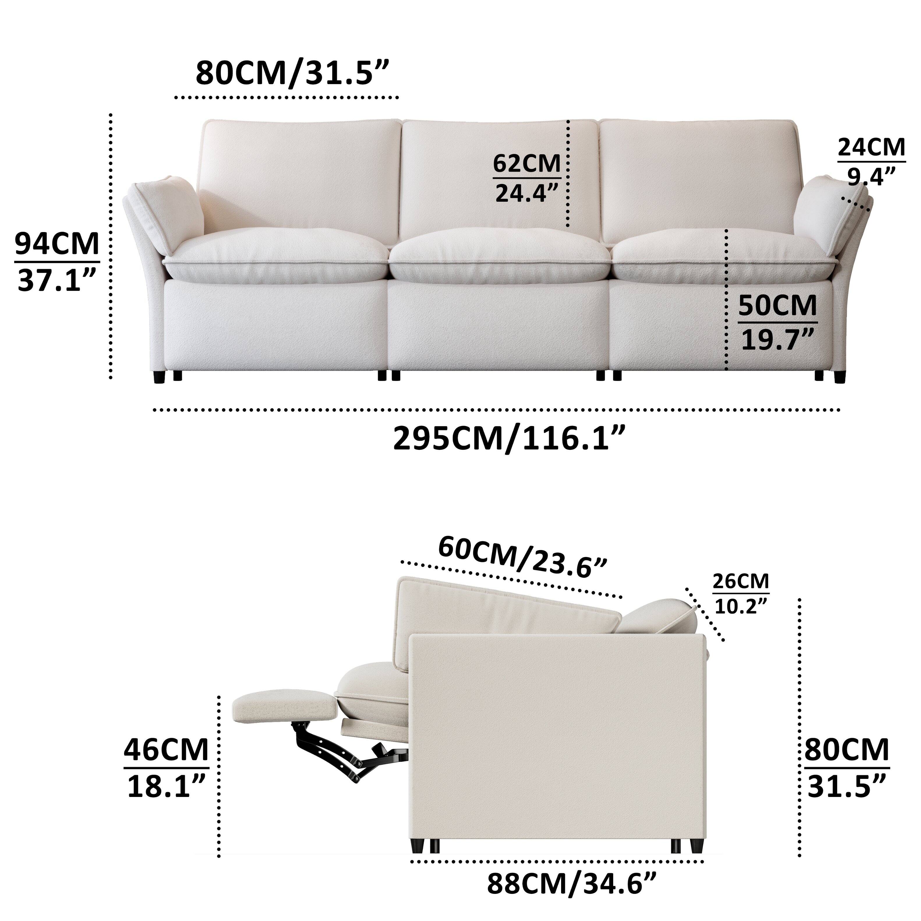 Sure, here is the corrected and grouped text from the image:

- **Sofa:**
  - Width: 295CM / 116.1"
  - Depth: 94CM / 37.1"
  - Height: 80CM / 31.5"
  - Seat Height: 46CM / 18.1"
  - Seat Depth: 62CM / 24.4"
  - Armrest Height: 50CM / 19.7"
  - Armrest Width: 24CM / 9.4"

- **Armchair:**
  - Width: 88CM / 34.6"
  - Depth: 60CM / 23.6"
  - Height: 80CM / 31.5"
  - Seat Height: 46CM / 18.1"
  - Seat Depth: 26CM / 10.2"