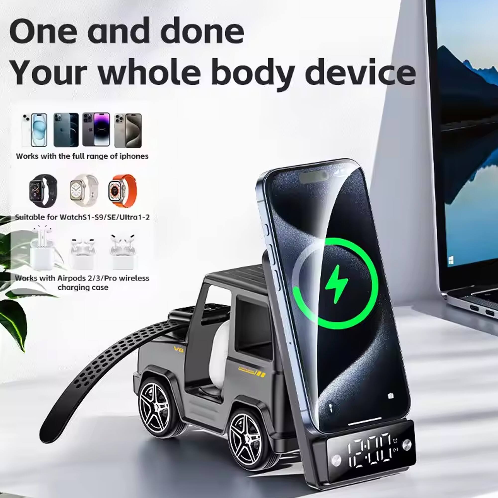 One and done  
Your whole body device  

Works with the full range of iPhones  
Suitable for Watch S1-S9/SE/Ultra1-2  
Works with Airpods 2/3/Pro wireless charging case