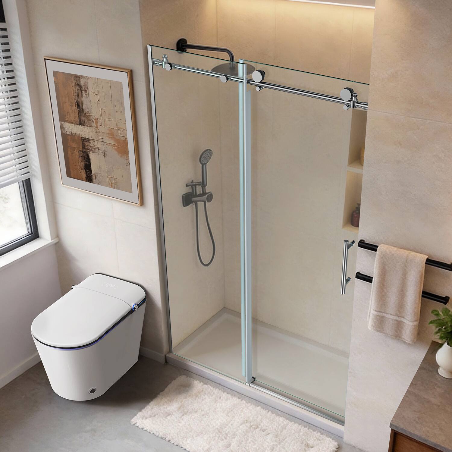 Left. Koligey - 44-48" W x 76 "H Semi-Frameless Sliding Shower Door-10 mmTempered Glass,Stainless Steel Anti-Rust Hardware - sliver.