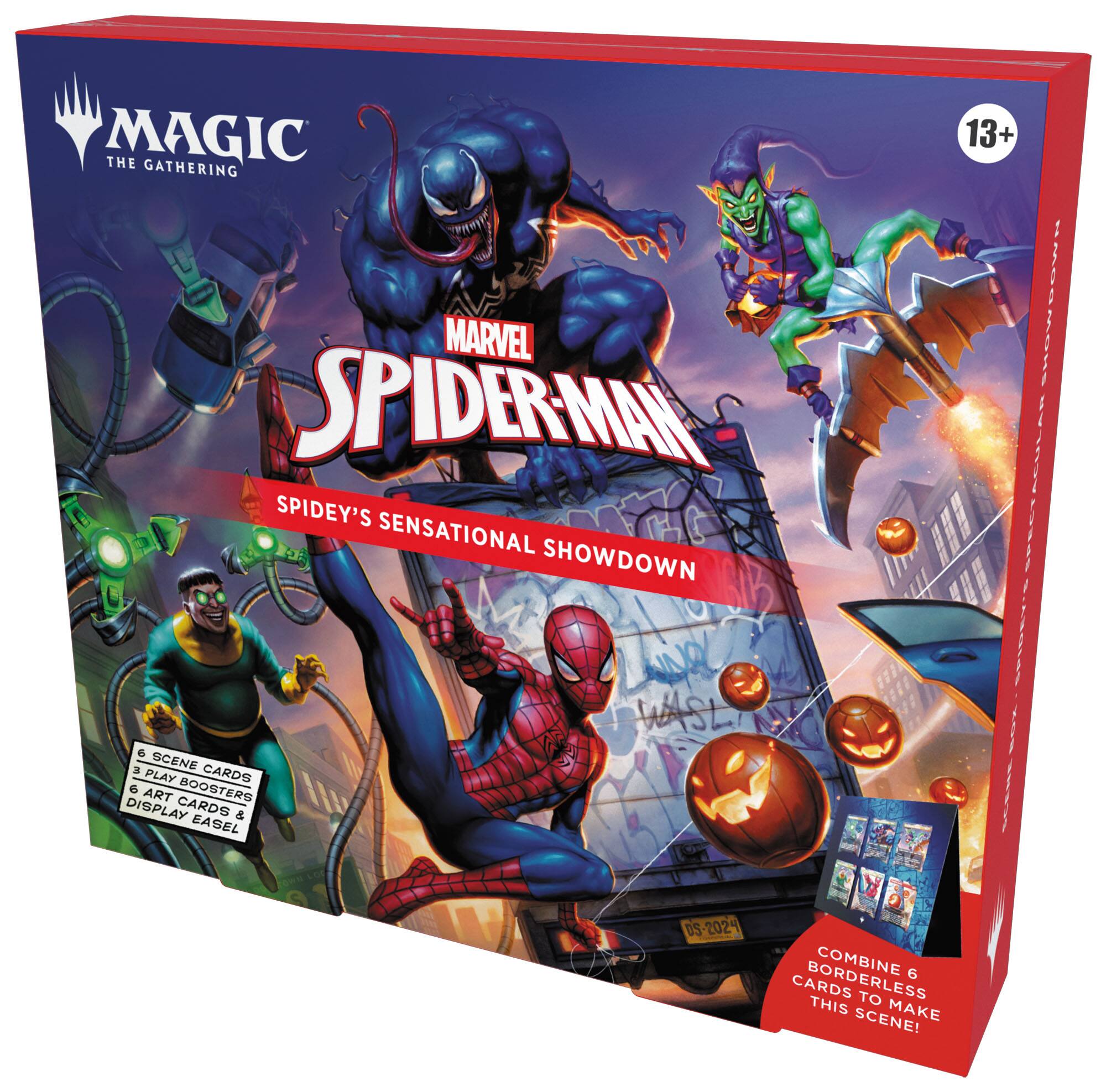 MAGIC THE GATHERING MARVEL SPIDERMAN SPIDEY'S SENSATIONAL SHOWDOWN

PLAY CARDS
BOOSTERS
ART CARDS
DISPLAY EASEL
13+

COMBINE 6 BORDERLESS CARDS TO MAKE THIS SCENE!

| BS 0S-2024 |