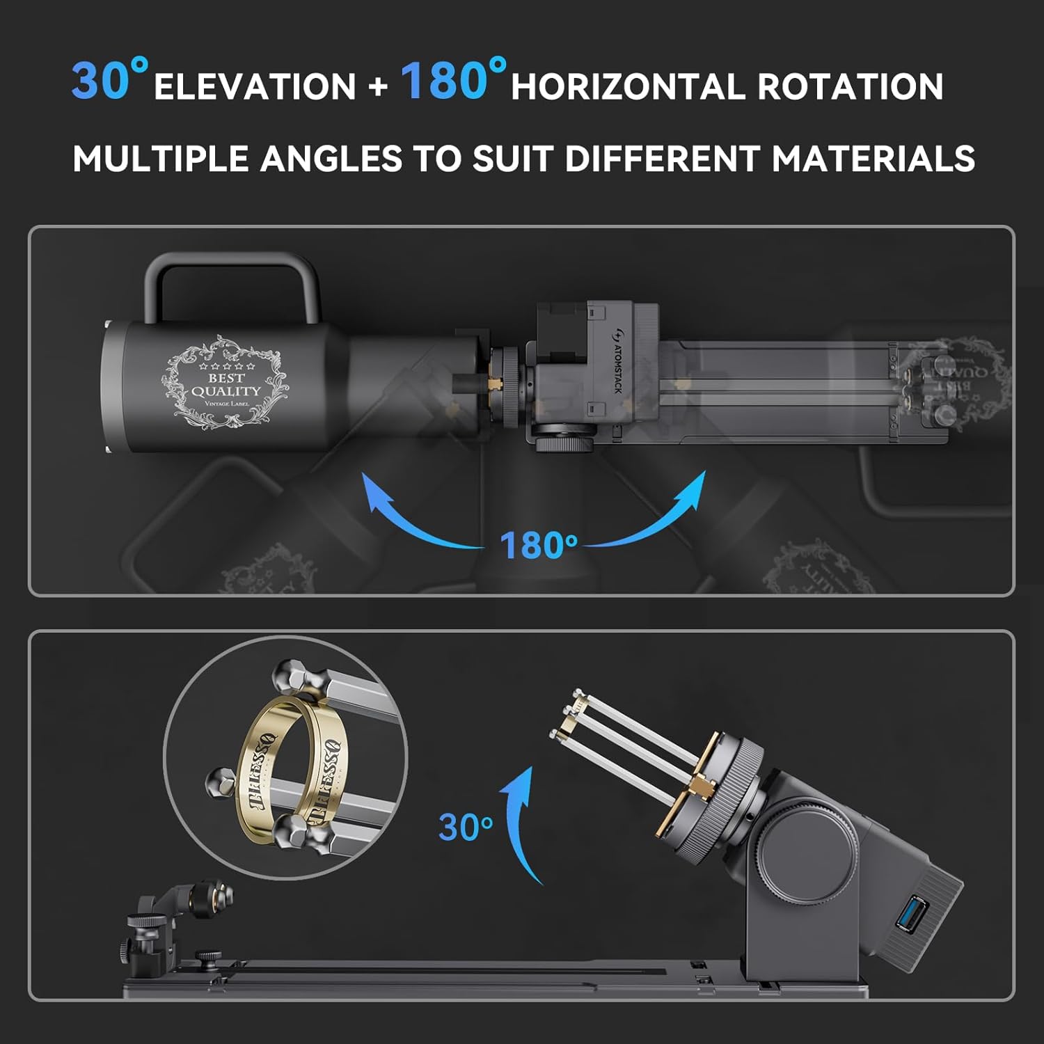 30° ELEVATION + 180° HORIZONTAL ROTATION  
MULTIPLE ANGLES TO SUIT DIFFERENT MATERIALS