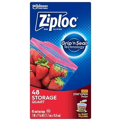 ScJohnson Company  
Ziploc BRAND  
Grip'n Seal Technology  
48 STORAGE QUART  
NEW STAY OPEN Design  
48 seal top bags  
7 IN X 7 7/16 IN (17.7 cm X 18.8 cm)  
EASY FILLING