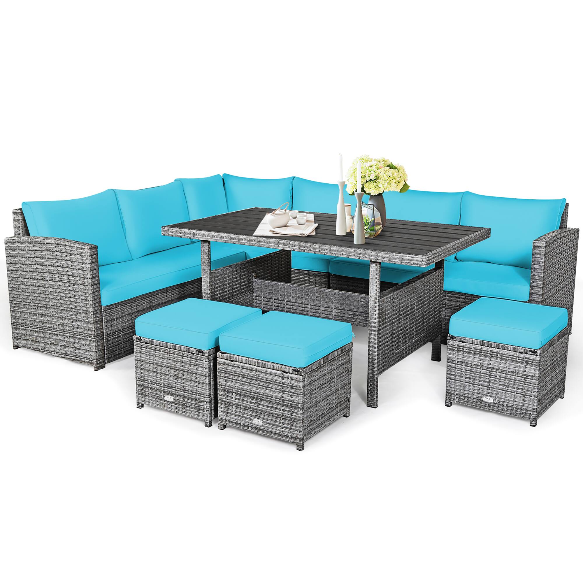 Left. Costway - 7 PCS Patio Rattan Dining Set Sectional Sofa Couch Ottoman Garden - Turquoise.