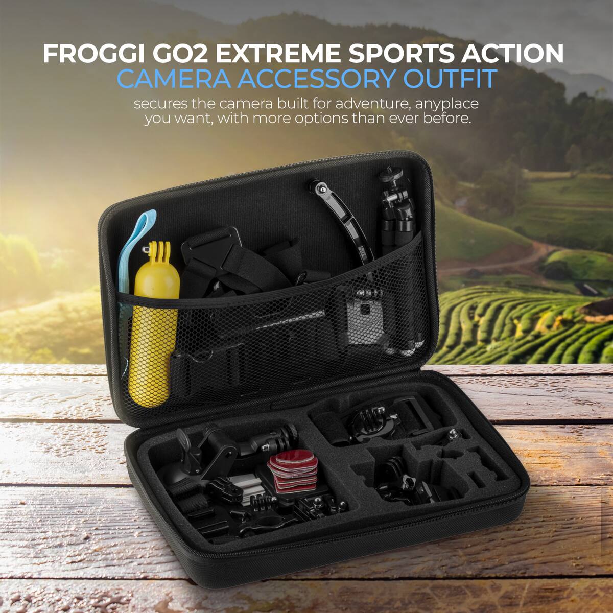 FROGGI GO2 EXTREME SPORTS ACTION CAMERA ACCESSORY OUTFIT secures the camera built for adventure, anyplace you want, with more options than ever before.