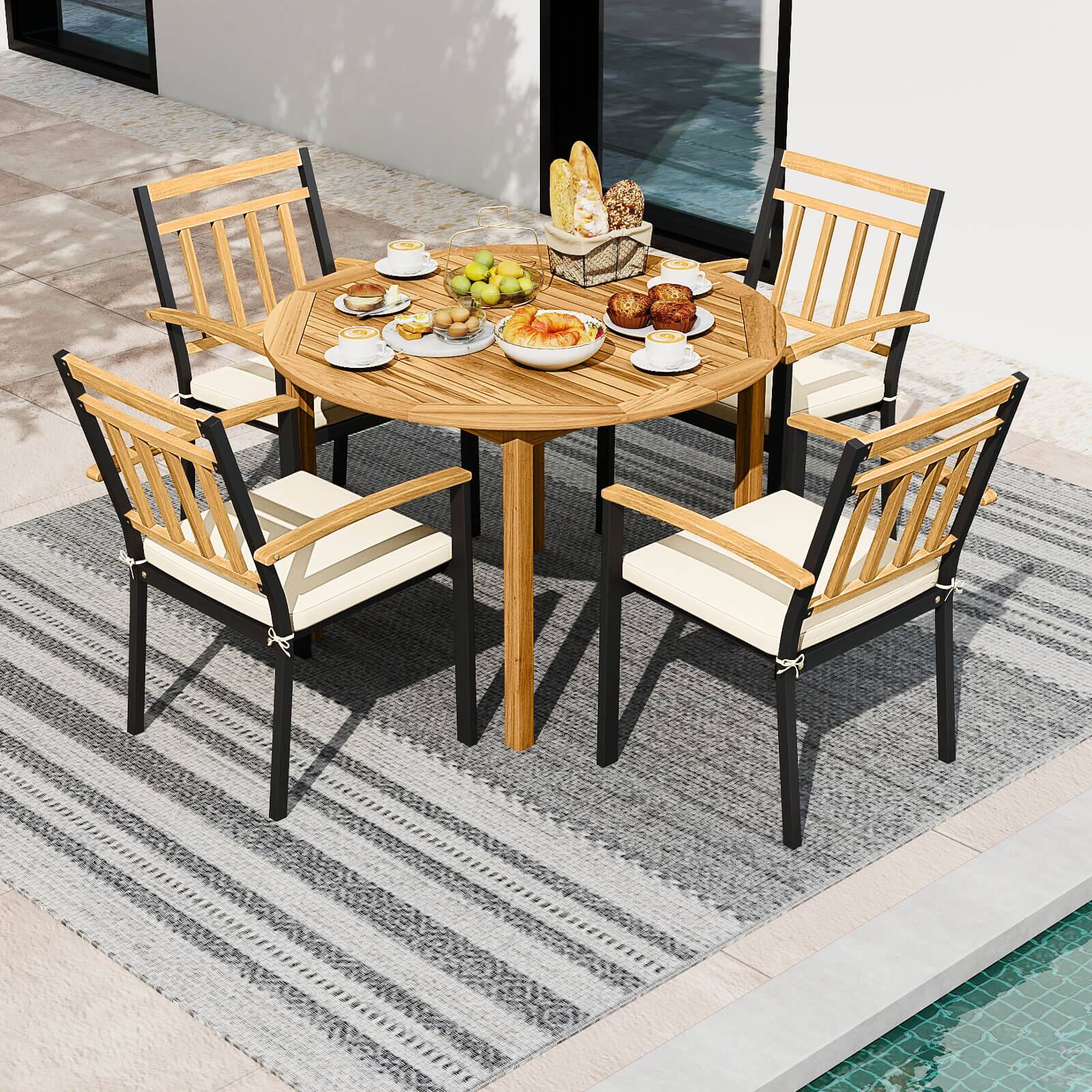 Alt View 3. Costway - Coatway 5 Pieces Outdoor Acacia Wood Dining Set with Cushions for Porch, Balcony, Garden - Natural,Black.