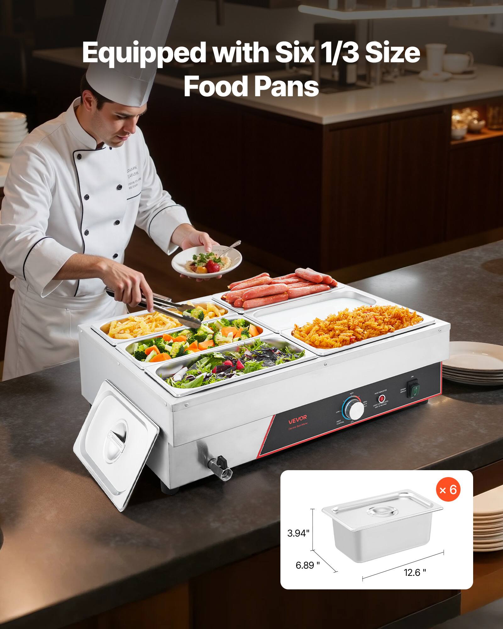 Equipped with Six 1/3 Size Food Pans

DIZAR CARLIVE COM

VEVOR

x6

3.94"

6.89"

12.6"