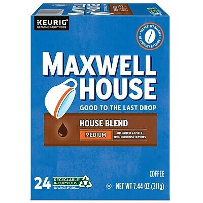 KEURIG  
GENUINE K-CUPPOOS  

MAXWELL HOUSE  
GOOD TO THE LAST DROP  

HOUSE BLEND  
MEDIUM  
DELICIOUSLY INTENSE  
FROM OUR HOUSE TO YOURS  

24 RECYCLABLE K-CUP*PODS  

COFFEE  
NET WT 7.44 OZ (211g)  

*Compatible with Keurig machines