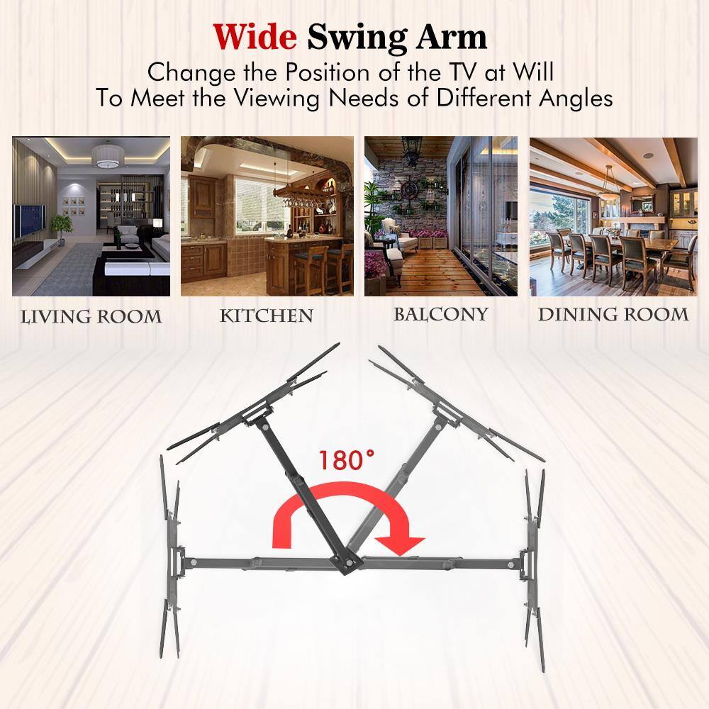 Wide Swing Arm  
Change the Position of the TV at Will To Meet the Viewing Needs of Different Angles  

LIVING ROOM  
KITCHEN  
BALCONY  
DINING ROOM  

180°