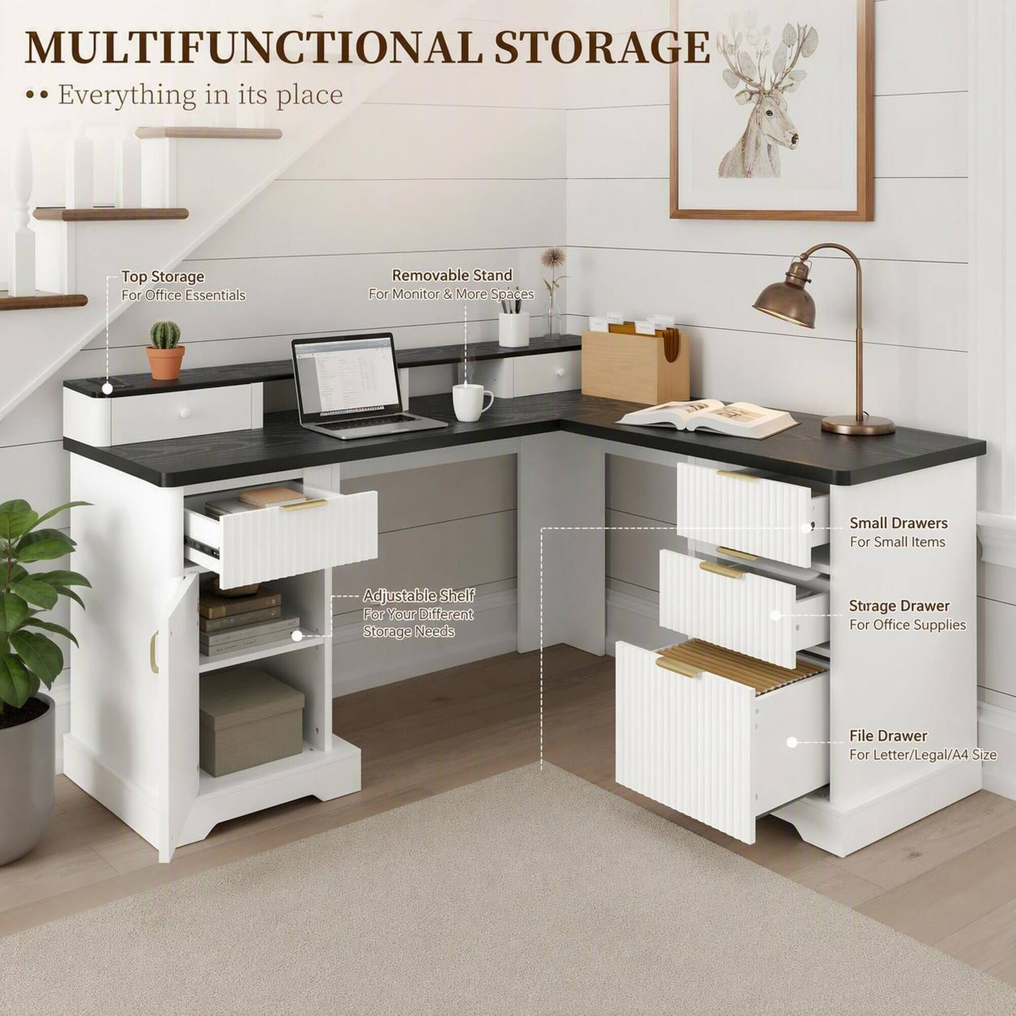 RYHNUYNE Modern Fluted L Shaped Desk, 59.45 MDF with Charging Station ...
