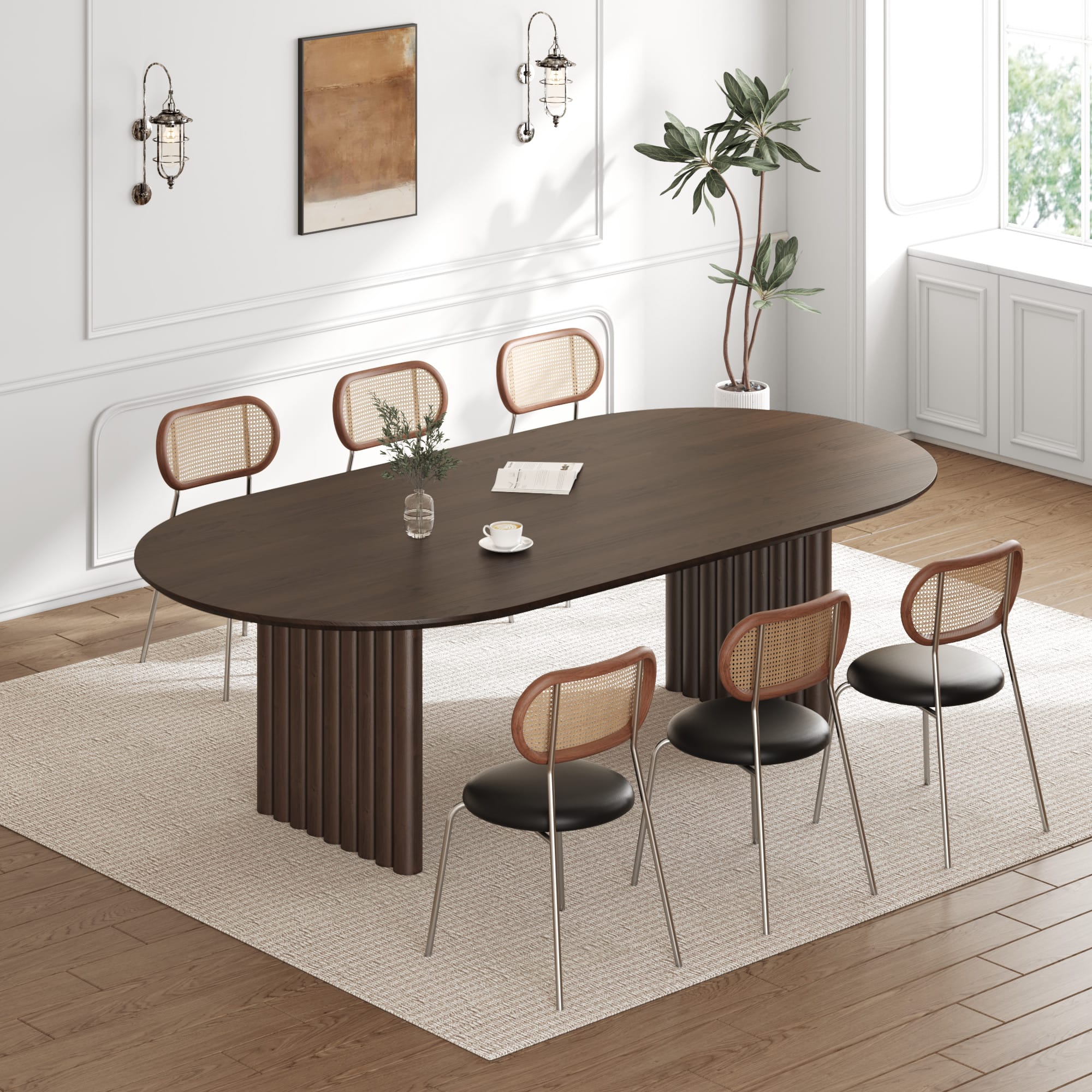 Lirago - 79" Solid Wood Oval Dining Table with Double Pedestal Large Kitchen Table Seats 6-8 or More for Dining Room - Walnut