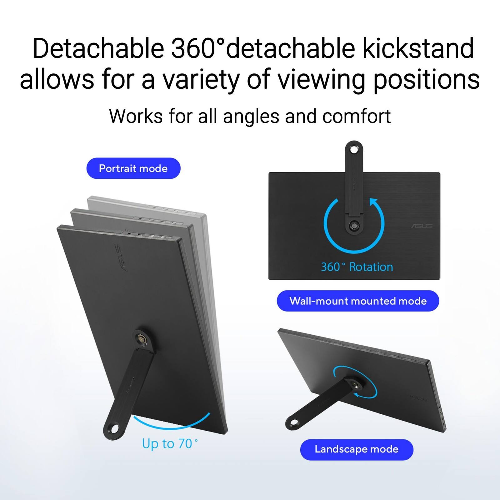 Detachable 360° detachable kickstand allows for a variety of viewing positions. Works for all angles and comfort. Portrait mode / 360° Rotation / Wall-mount mounted mode / Up to 70° / Landscape mode