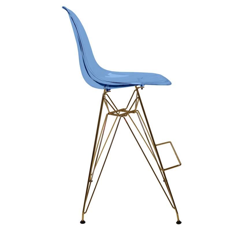 Alt View 2. LeisureMod - Cresco Modern Acrylic Barstool, Clear Swivel Counter Height Stool with Gold Chrome Base Footrest - Transparent Blue.