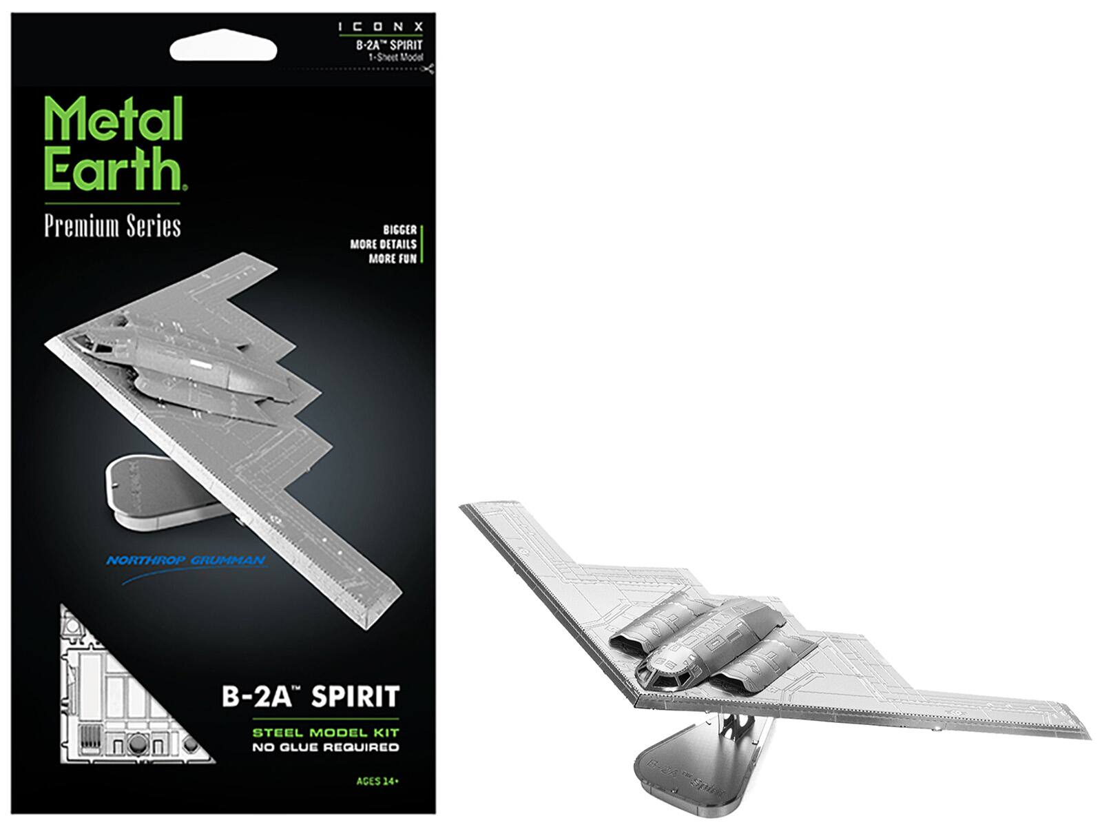 ICONX  
B-2A "SPIRIT"  
1-Sheet Model  

Metal Earth  
Premium Series  

BIGGER  
MORE DETAILS  
MORE FUN  

NORTHROP GRUMMAN  

B-2A "SPIRIT"  
STEEL MODEL KIT  
NO GLUE REQUIRED  
AGES 14+