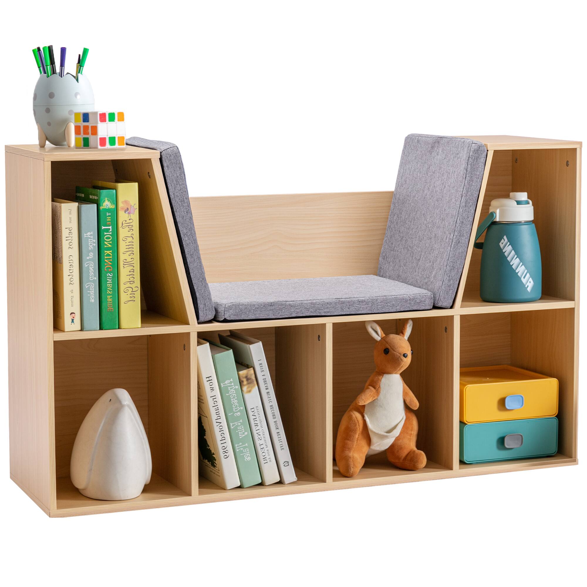Homcom - 6-Cubby Kids Bookcase, Reading Nook and Cushion, Multi-Purpose Storage Organizer, Bedroom, Living Room - Natural Wood